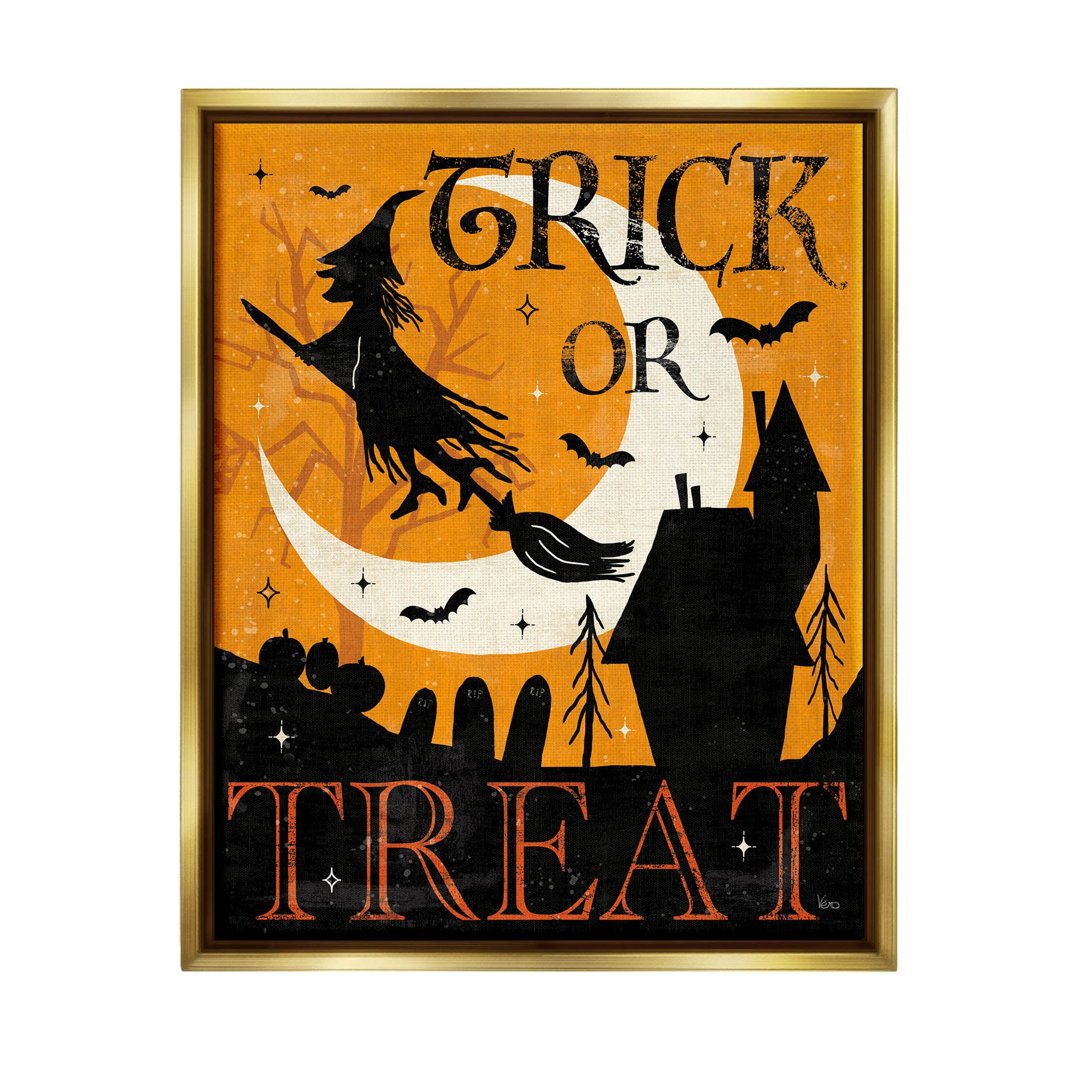 Stupell Industries Trick Or Treat Halloween Witch Graphic Art Metallic Gold Floating Framed Canvas Print Wall Art, Design by Veronique Charron