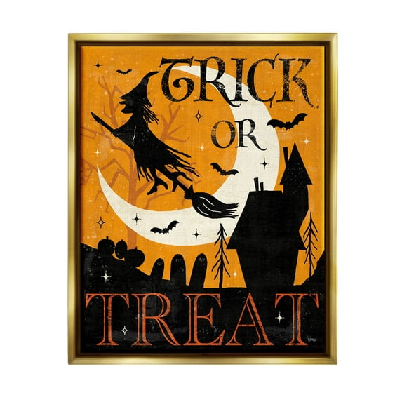 Stupell Industries Trick Or Treat Halloween Witch Graphic Art Metallic Gold Floating Framed Canvas Print Wall Art, Design by Veronique Charron