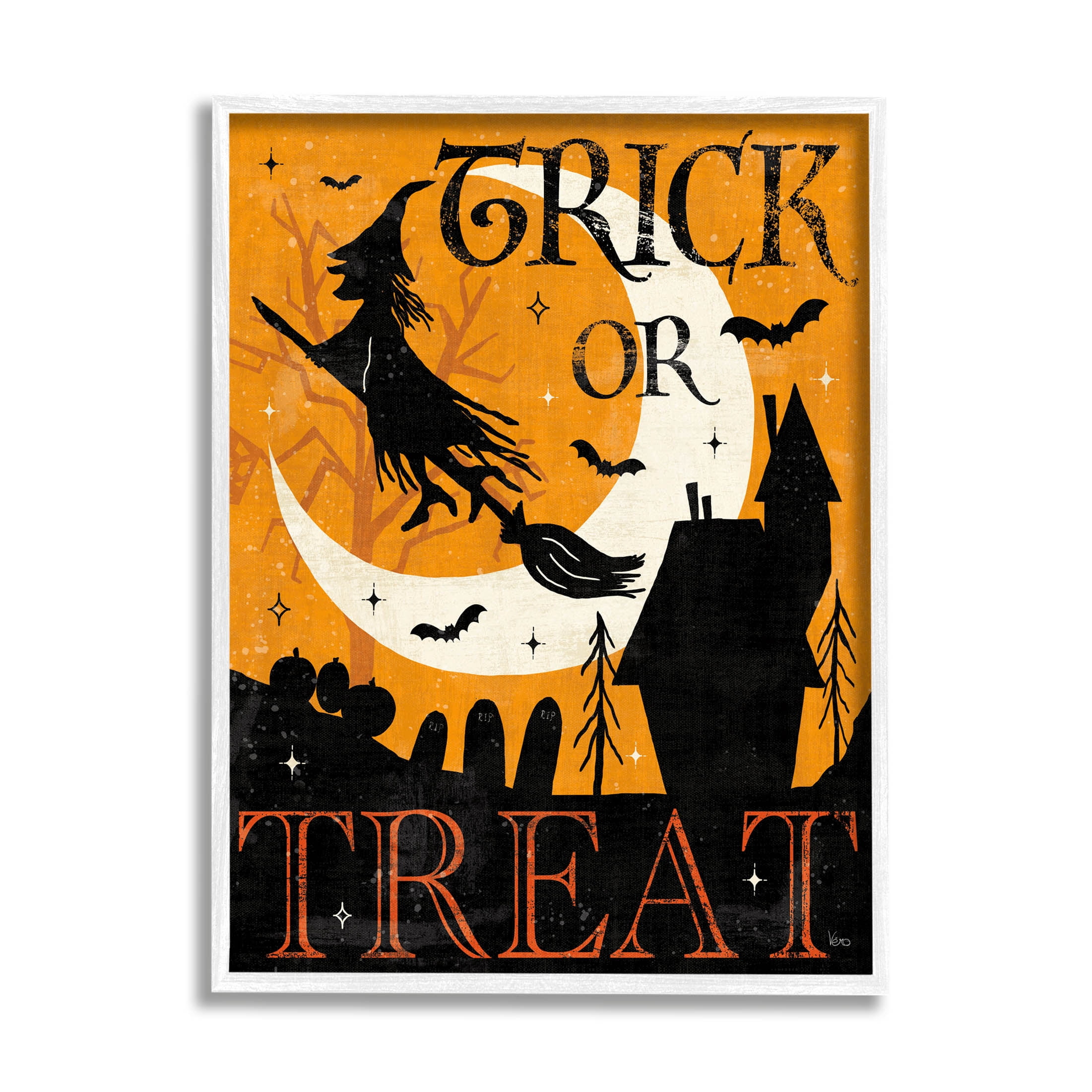 Stupell Industries Trick Or Treat Halloween Witch Graphic Art White Framed Art Print Wall Art, Design by Veronique Charron