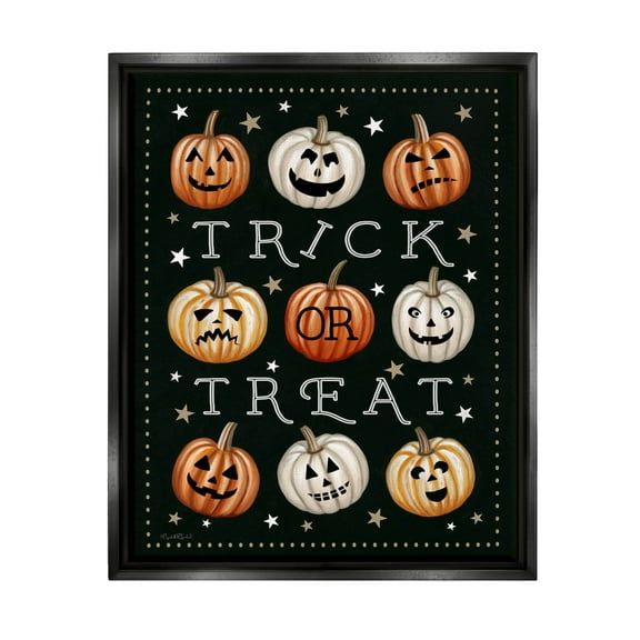 Stupell Industries Trick Or Treat Jack-o-Lanterns Graphic Art Jet Black Floating Framed Canvas Print Wall Art, Design by Elizabeth Tyndall