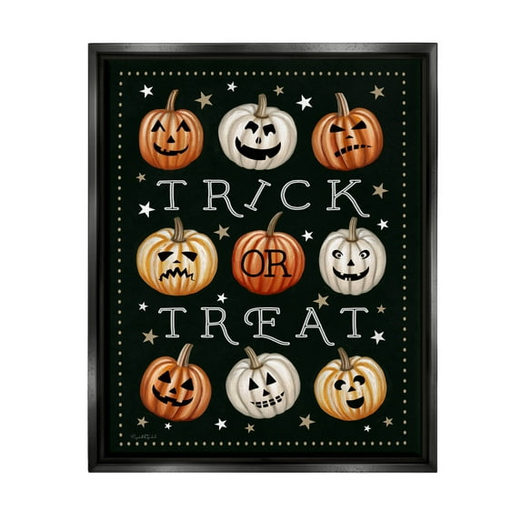 Stupell Industries Trick Or Treat Jack-o-Lanterns Graphic Art Jet Black Floating Framed Canvas Print Wall Art, Design by Elizabeth Tyndall