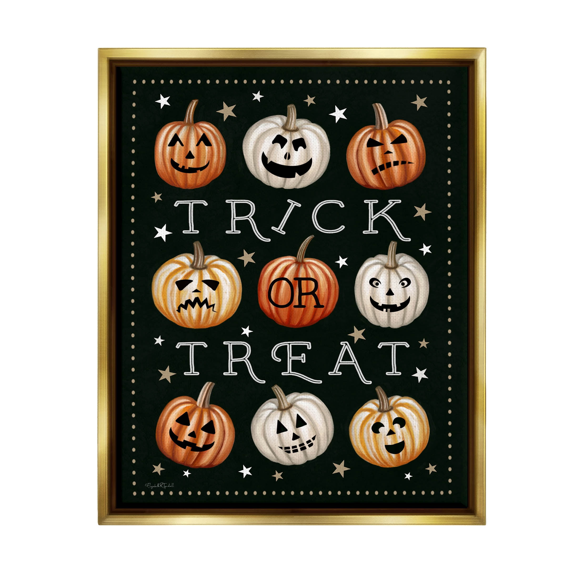 Stupell Industries Trick Or Treat Jack-o-Lanterns Graphic Art Metallic Gold Floating Framed Canvas Print Wall Art, Design by Elizabeth Tyndall