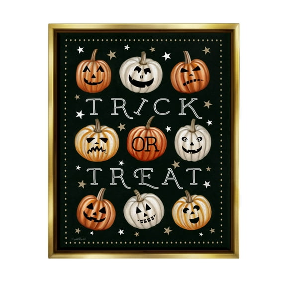 Stupell Industries Trick Or Treat Jack-o-Lanterns Graphic Art Metallic Gold Floating Framed Canvas Print Wall Art, Design by Elizabeth Tyndall