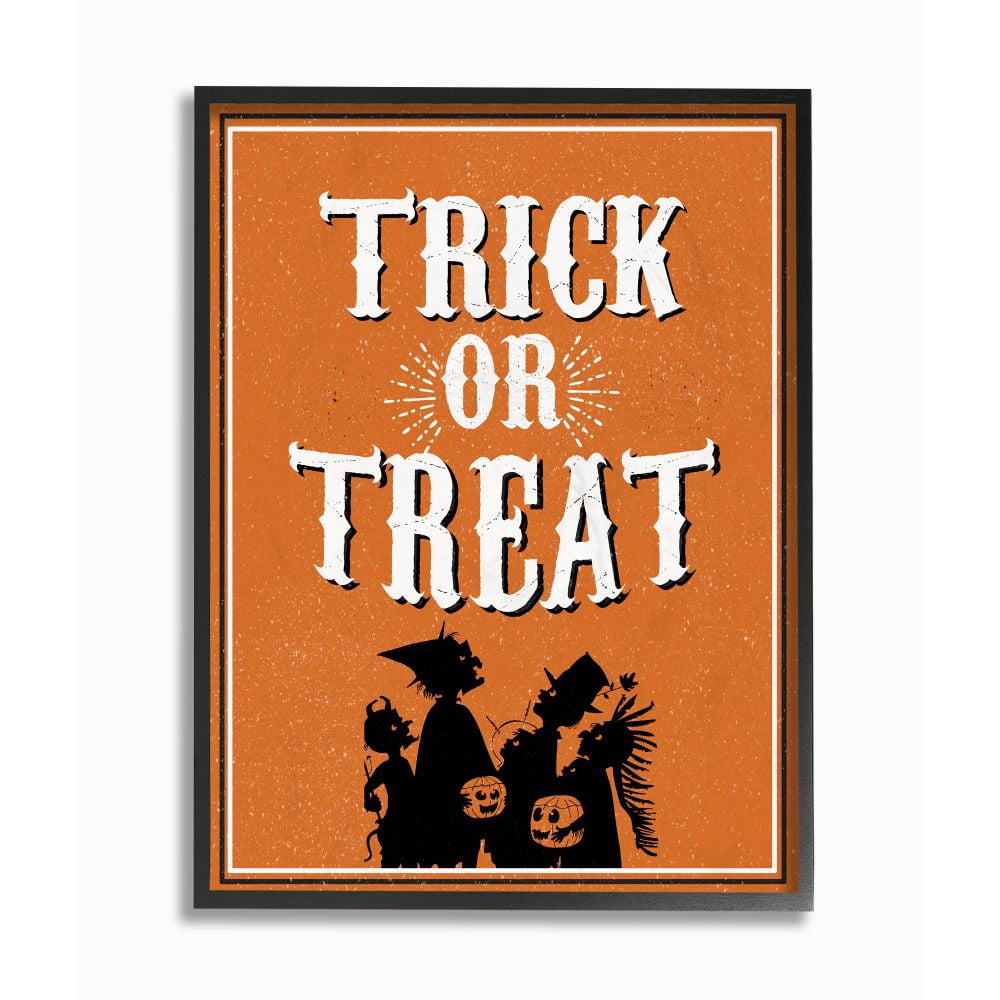 Stupell Industries Trick Or Treat Orange White Cartoon Holiday Word Design Framed Wall Art by The Saturday Evening Post, 11" x 14", Black Framed