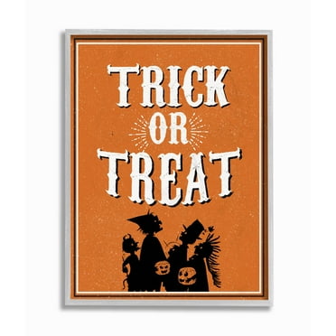 Stupell Industries Trick Or Treat Orange White Cartoon Holiday Word Design Graphic Art Gray Framed Art Print Wall Art, 11x14, by The Saturday Evening Post