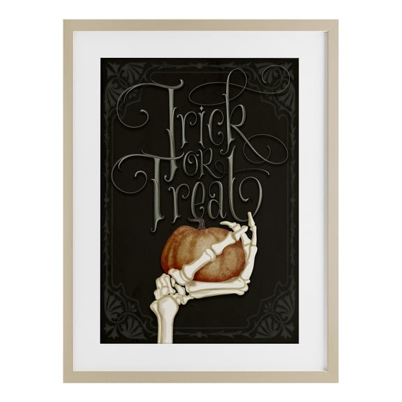 Stupell Industries Trick Or Treat Skeleton Hand Birch Framed Print Under Glass design by Nicole Tamarin, 23 x 17