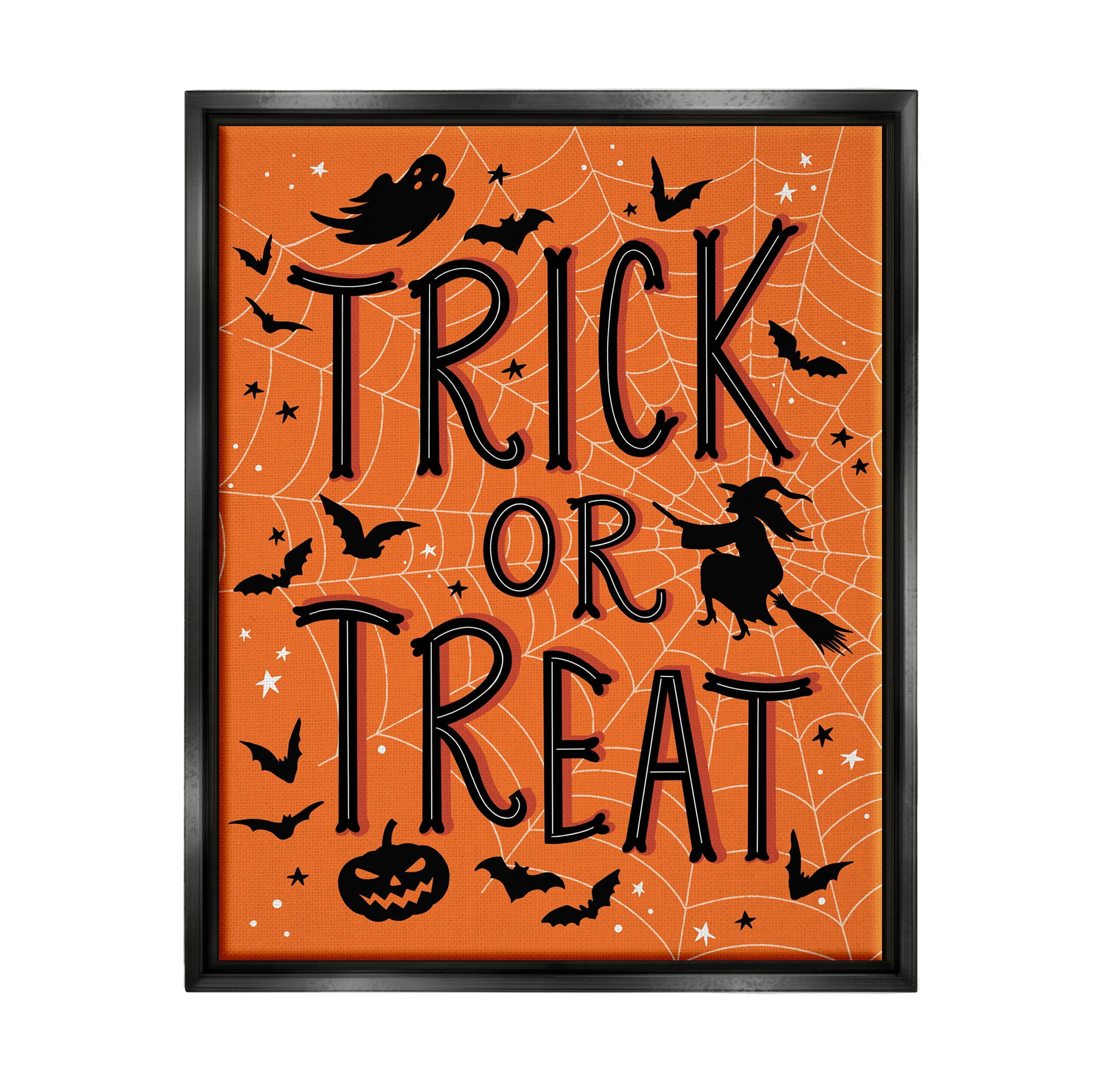Stupell Industries Trick Or Treat Spider Web Graphic Art Jet Black Floating Framed Canvas Print Wall Art, Design by Nina Seven