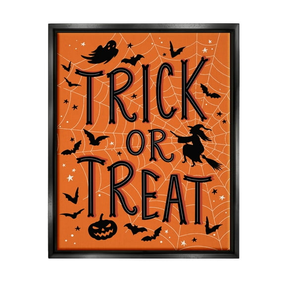 Stupell Industries Trick Or Treat Spider Web Graphic Art Jet Black Floating Framed Canvas Print Wall Art, Design by Nina Seven