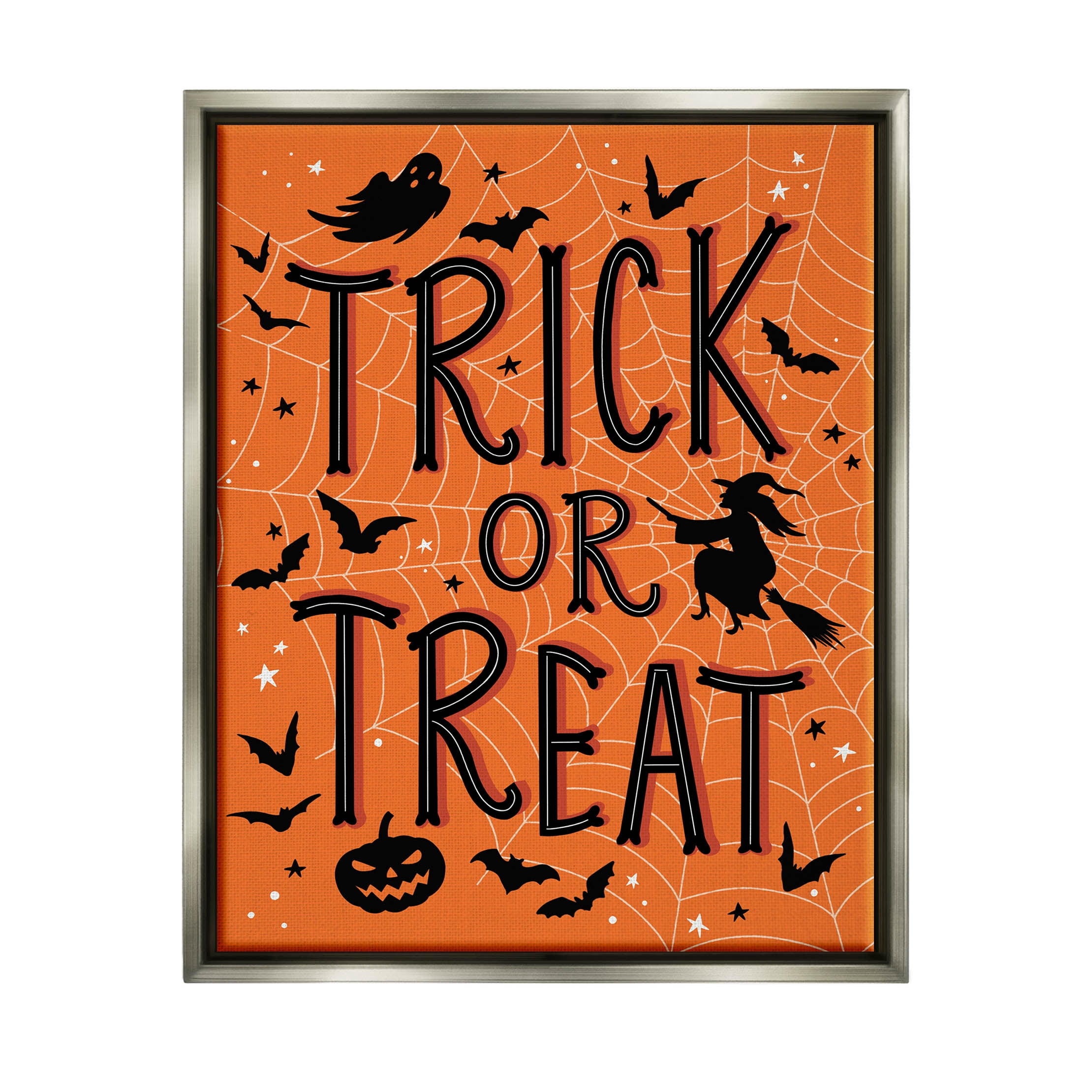 Stupell Industries Trick Or Treat Spider Web Graphic Art Luster Gray Floating Framed Canvas Print Wall Art, Design by Nina Seven