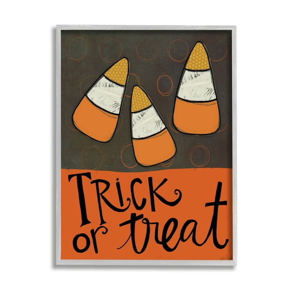 Stupell Industries Trick or Treat Halloween Greeting Patterned Candy Corn Country Painting Gray Framed Art Print Wall Art, 24 x 30, Design by Katie Doucette