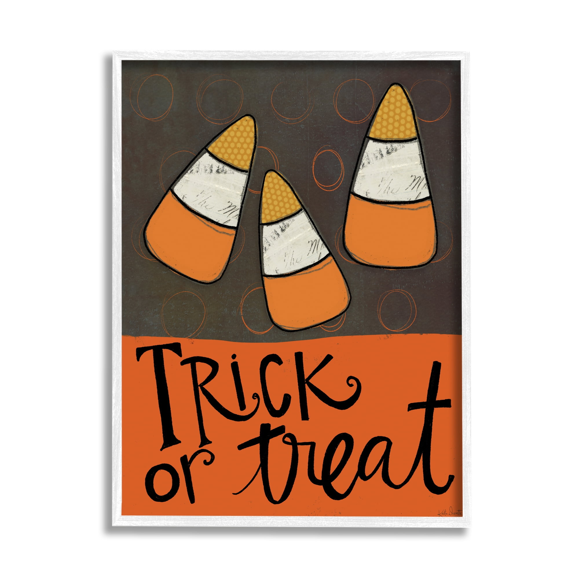 Stupell Industries Trick or Treat Halloween Greeting Patterned Candy Corn Country Painting White Framed Art Print Wall Art, 24 x 30, Design by Katie Doucette