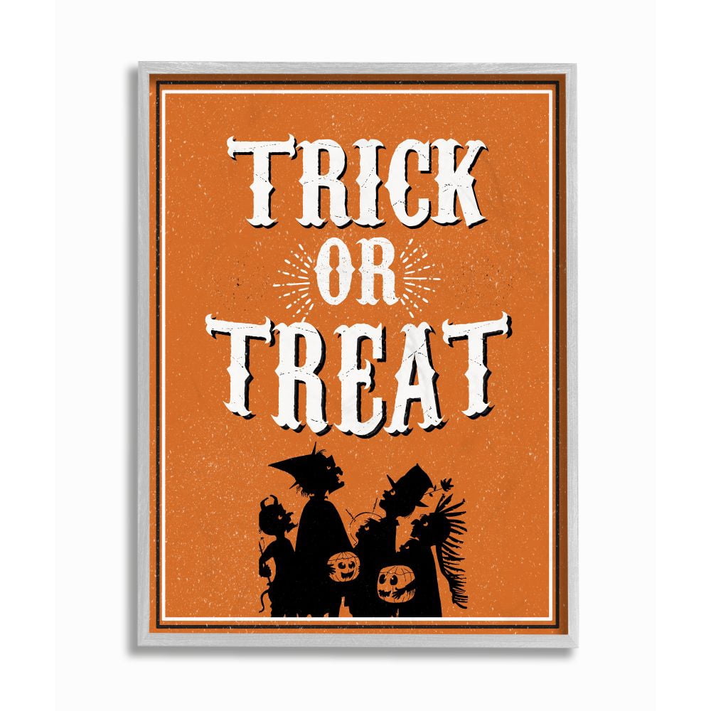 Stupell Industries Trick Or Treat Orange White Cartoon Holiday Word Design Graphic Art Gray Framed Art Print Wall Art, 11x14, by The Saturday Evening Post