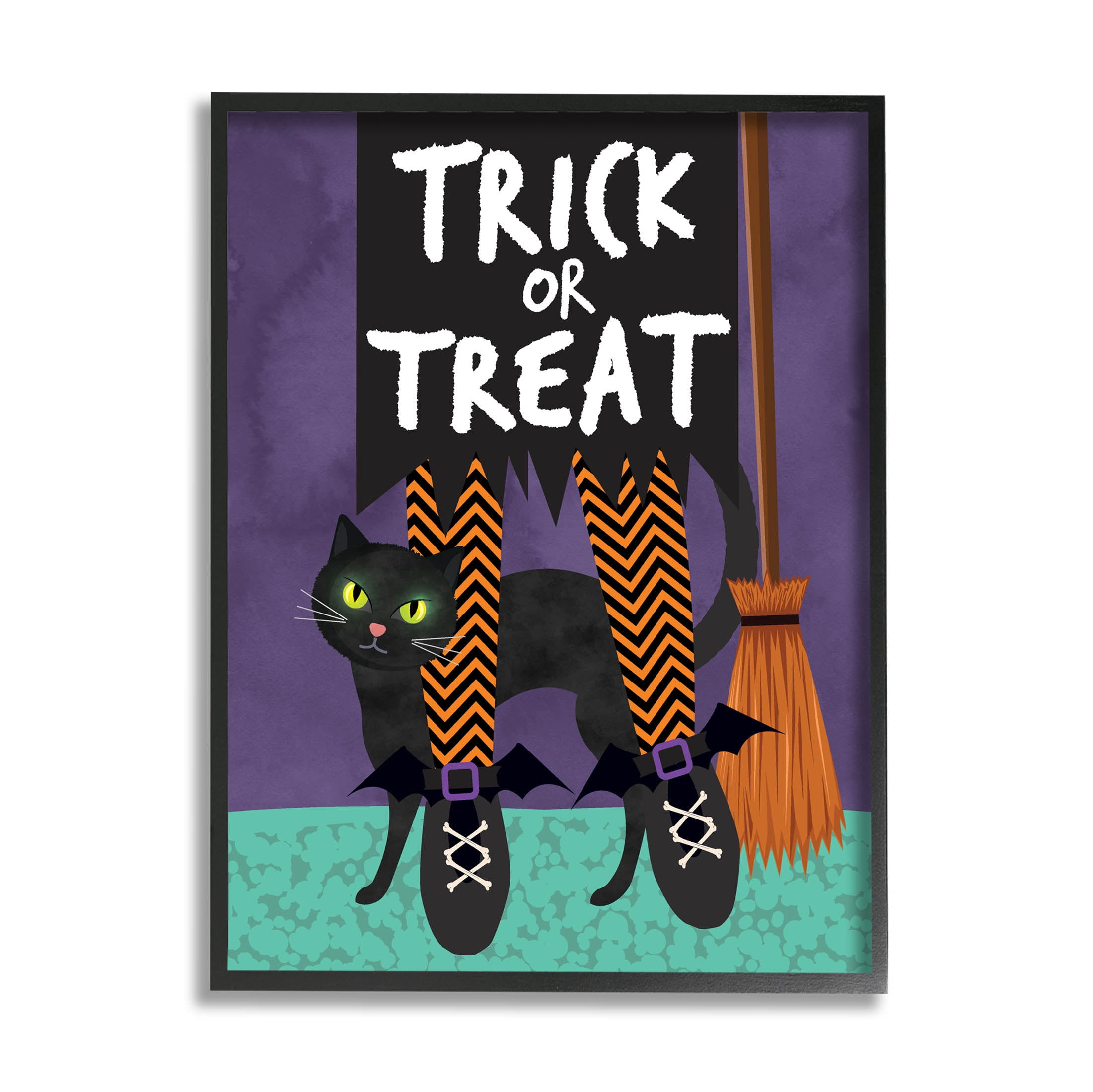 Stupell Industries Trick or Treat Cat & Witch Graphic Art Black Framed Art Print Wall Art, Design by Linda Birtel