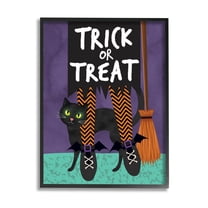 Stupell Industries Trick or Treat Cat & Witch Graphic Art Black Framed Art Print Wall Art, Design by Linda Birtel
