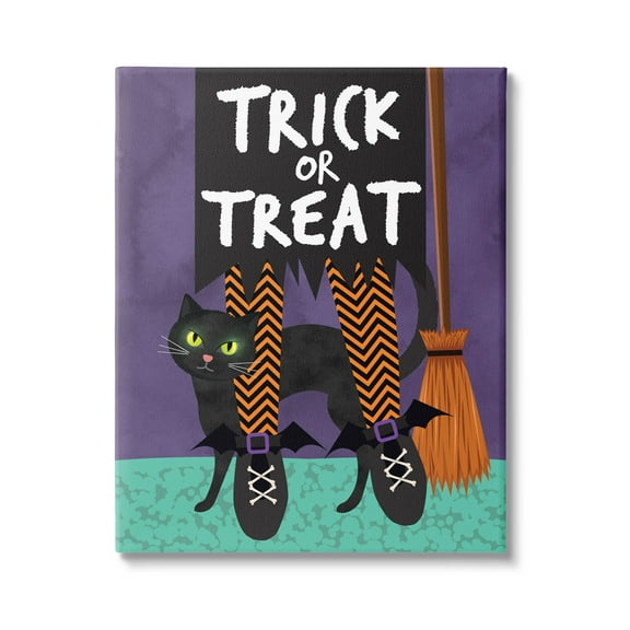 Stupell Industries Trick or Treat Cat & Witch Graphic Art Gallery Wrapped Canvas Print Wall Art, Design by Linda Birtel