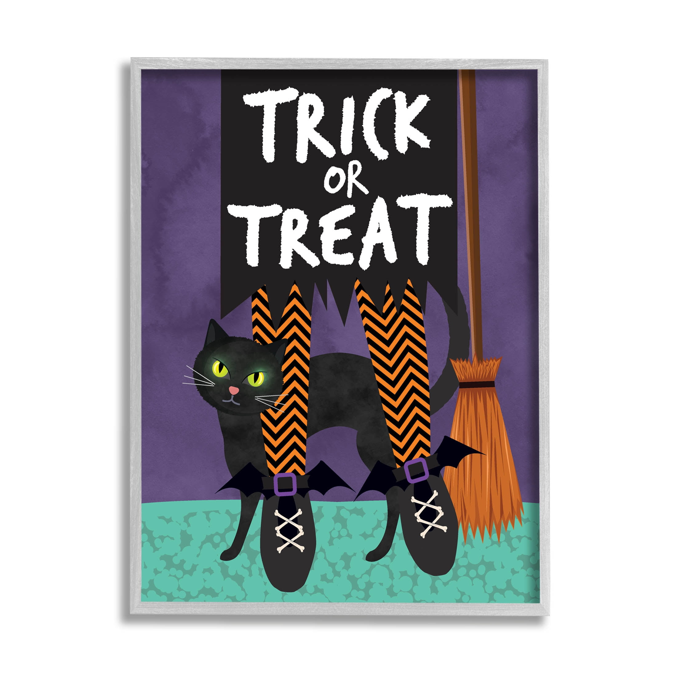 Stupell Industries Trick or Treat Cat & Witch Graphic Art Gray Framed Art Print Wall Art, Design by Linda Birtel