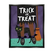 Stupell Industries Trick or Treat Cat & Witch Graphic Art Jet Black Floating Framed Canvas Print Wall Art, Design by Linda Birtel