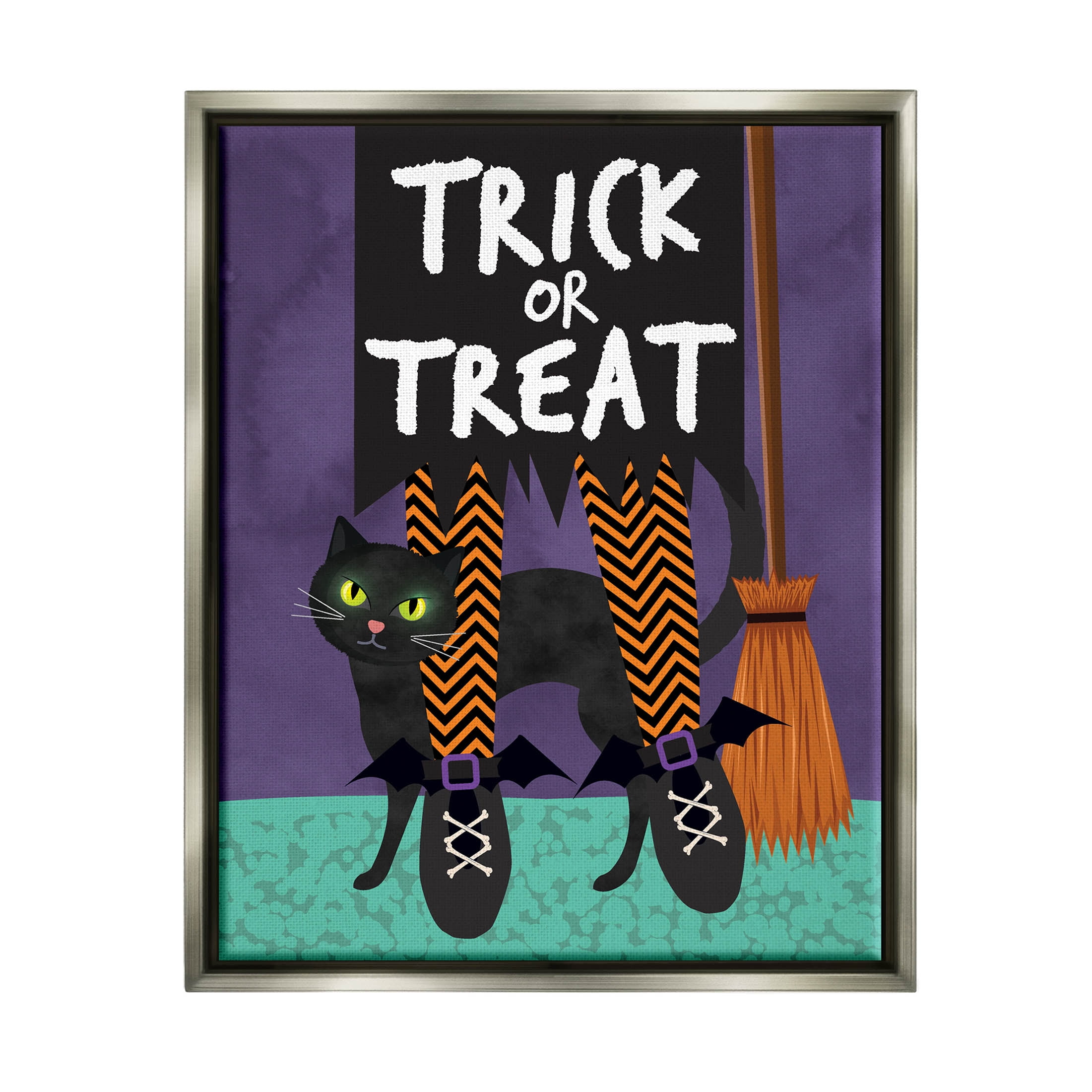 Stupell Industries Trick or Treat Cat & Witch Graphic Art Luster Gray Floating Framed Canvas Print Wall Art, Design by Linda Birtel