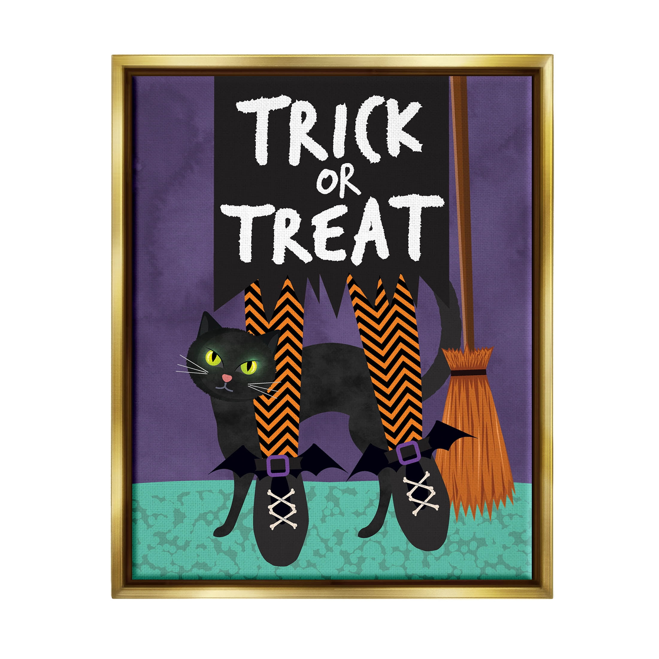 Stupell Industries Trick or Treat Cat & Witch Graphic Art Metallic Gold Floating Framed Canvas Print Wall Art, Design by Linda Birtel