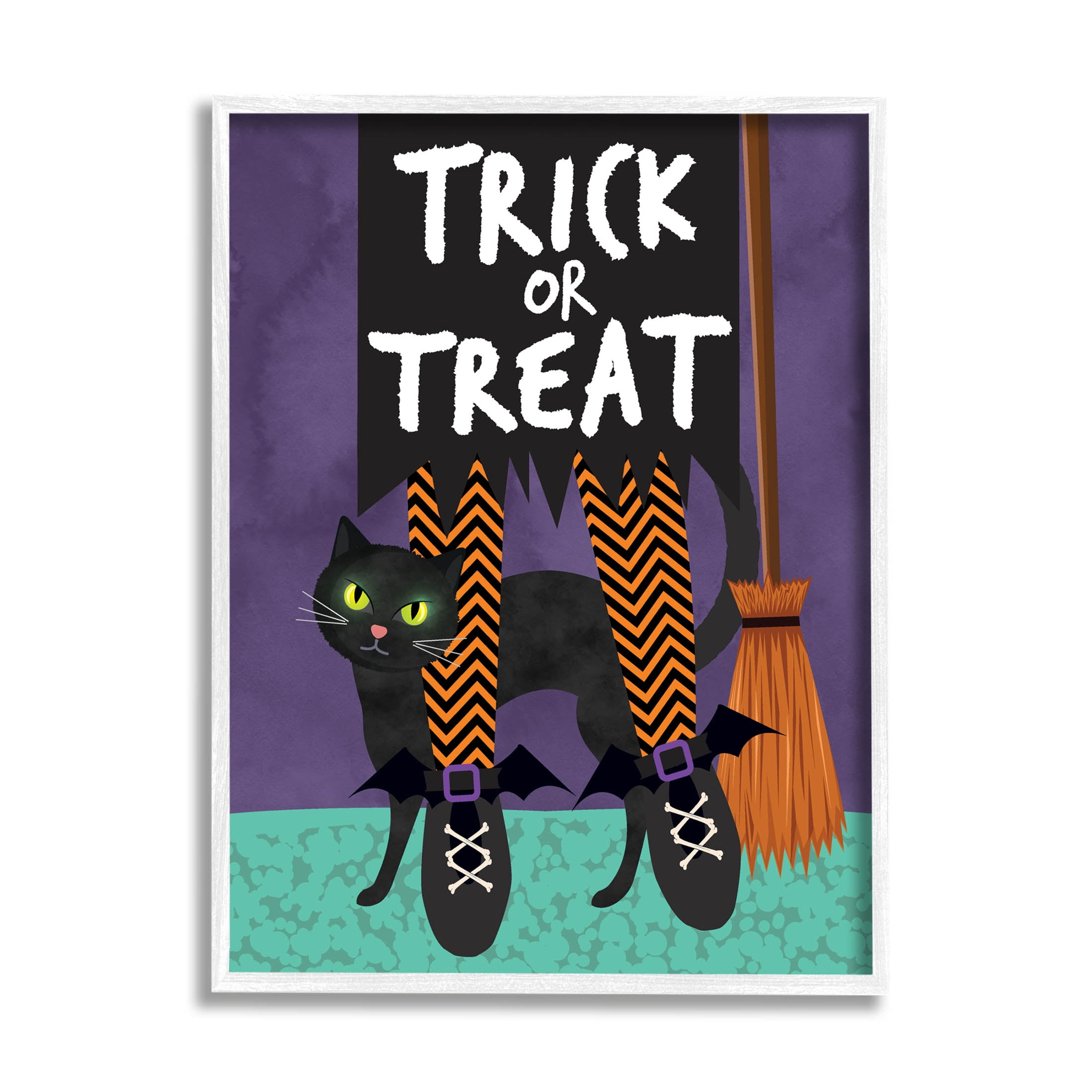 Stupell Industries Trick or Treat Cat & Witch Graphic Art White Framed Art Print Wall Art, Design by Linda Birtel