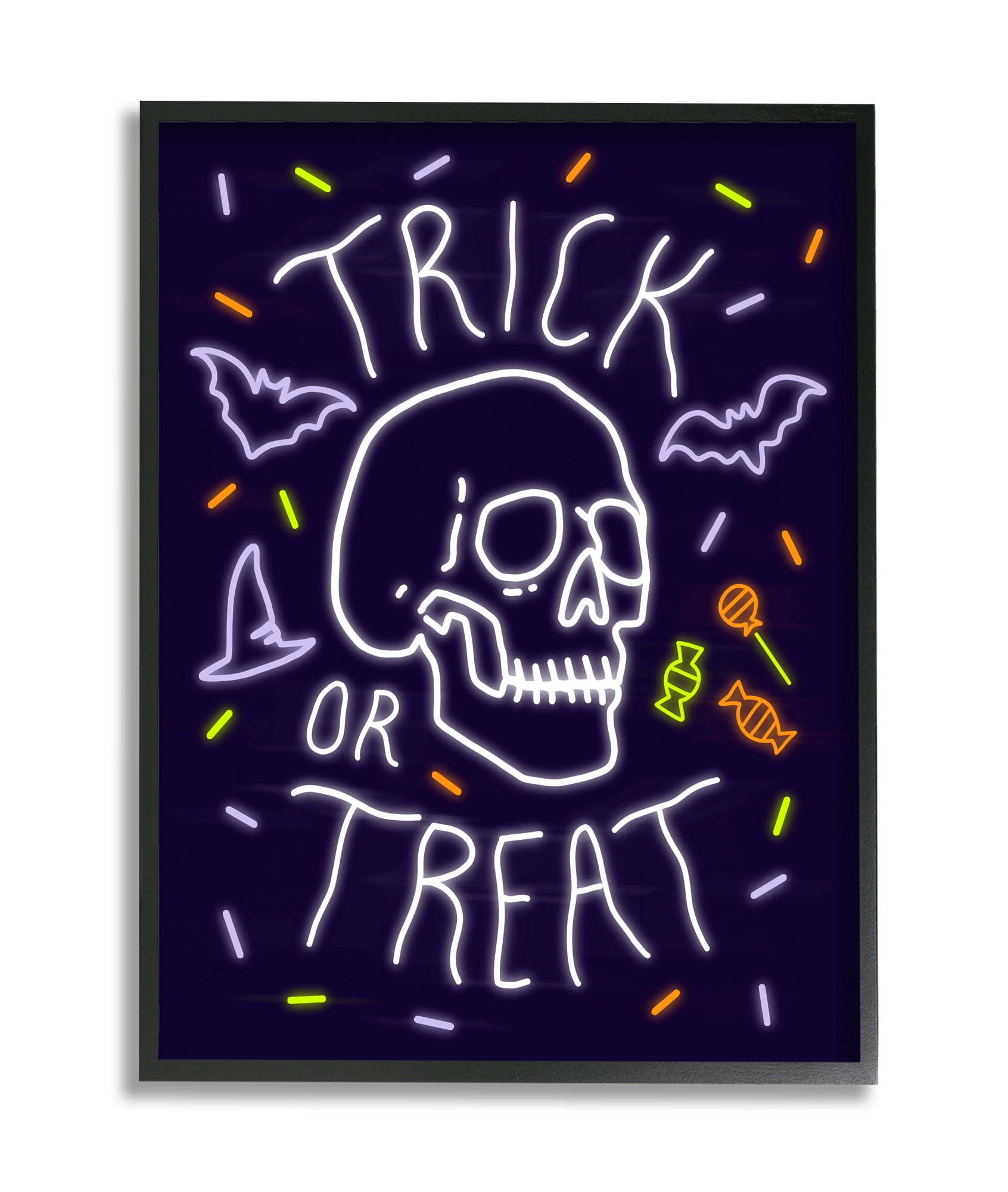 Stupell Industries Trick or Treat Halloween Phrase Spooky Skeleton Black Framed, 16 x 20, Design by Victoria Barnes
