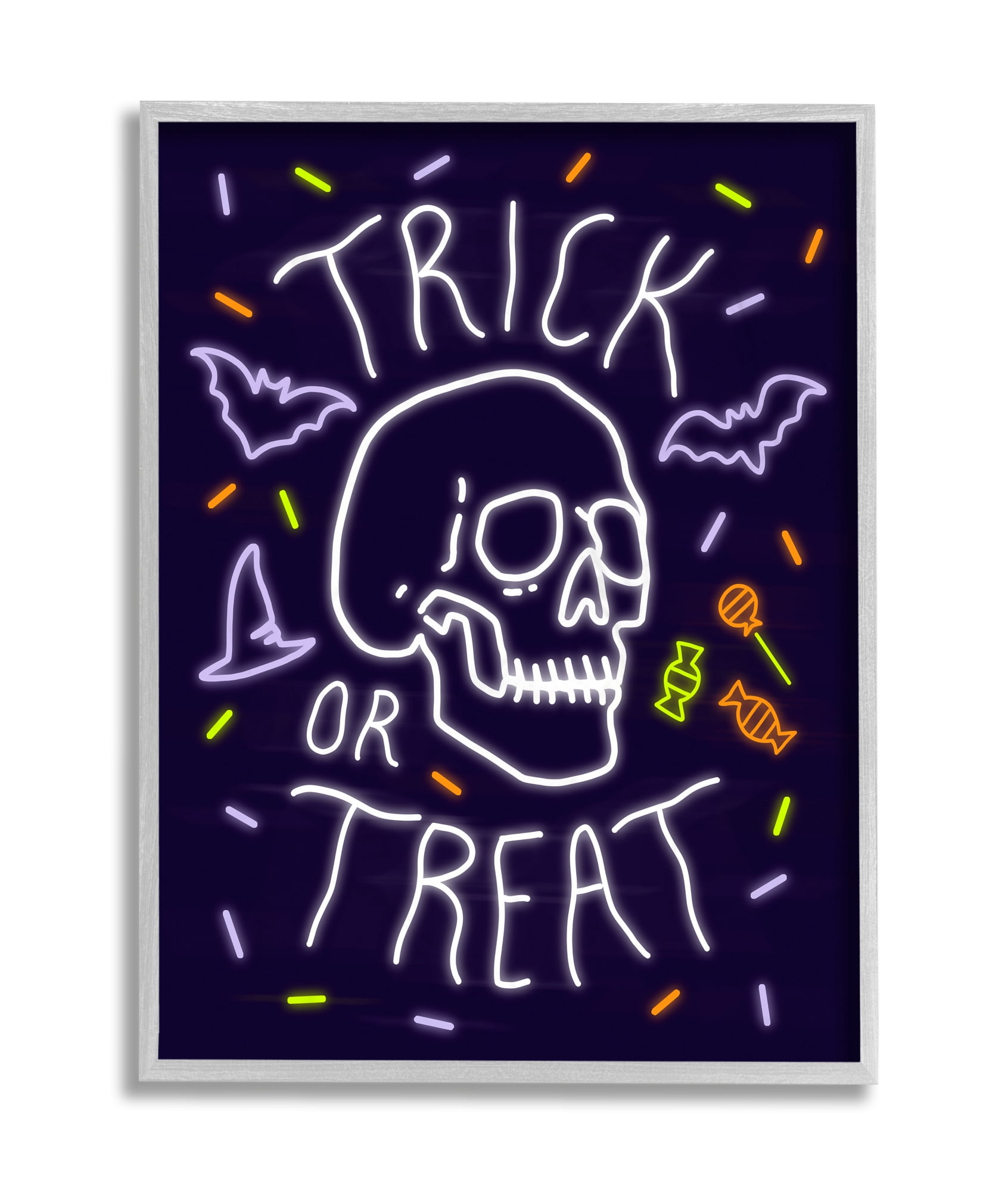 Stupell Industries Trick or Treat Halloween Phrase Spooky Skeleton Grey Framed, 11 x 14, Design by Victoria Barnes