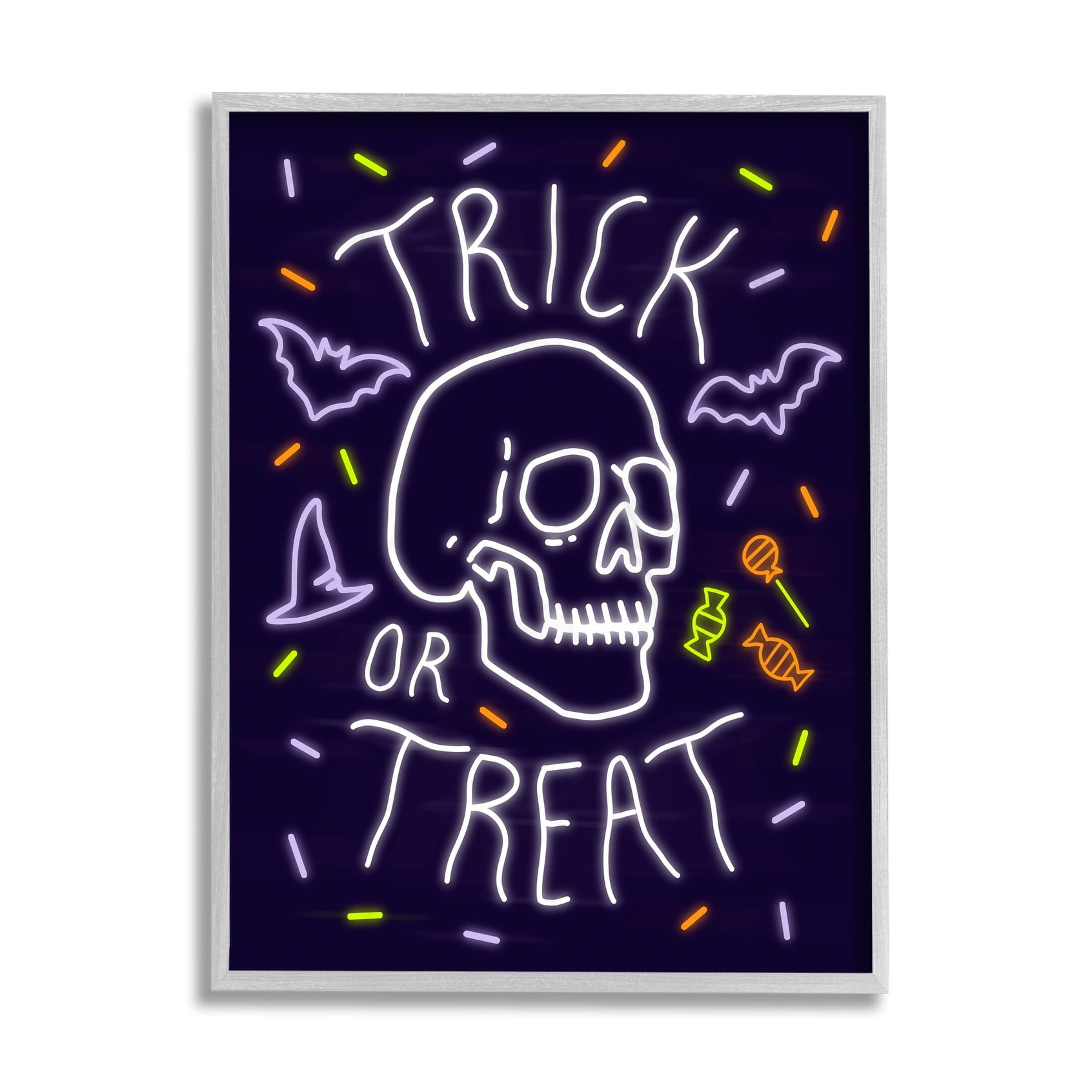 Stupell Industries Trick or Treat Halloween Phrase Spooky Skeleton Grey Framed, 16 x 20, Design by Victoria Barnes