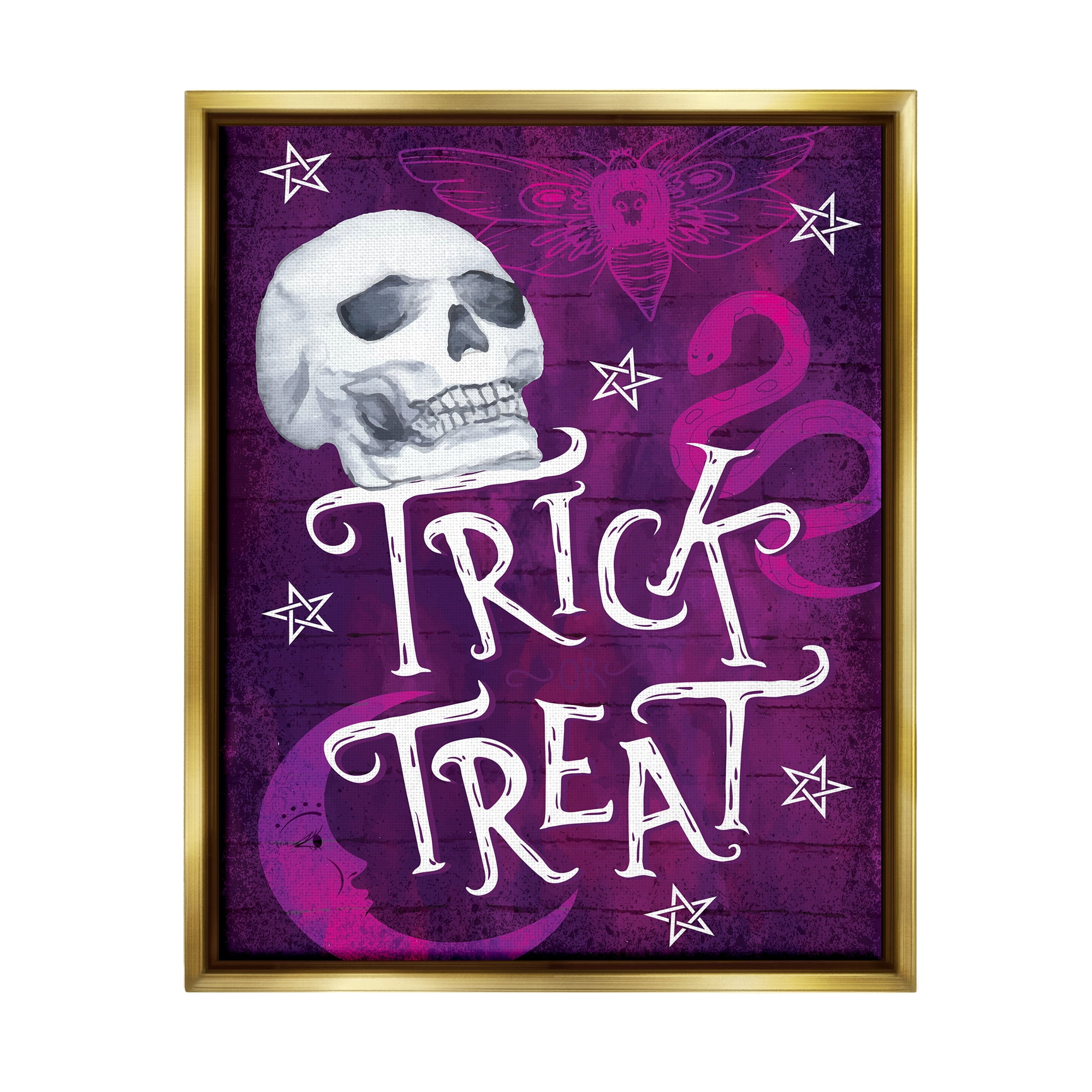 Stupell Industries Trick or Treat Purple Halloween Holiday Painting Gold Floater Framed Art Print Wall Art