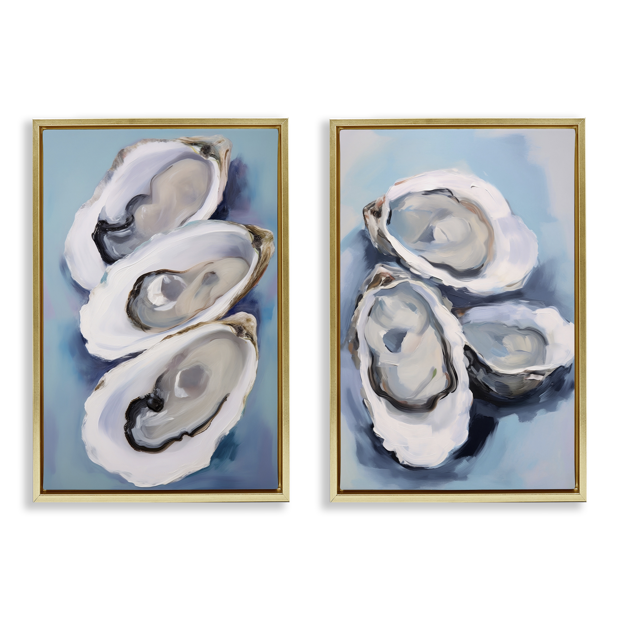 Stupell Industries Trio Half Shell Oysters Nautical & Beach Painting Gold Floater Framed Canvas Art Print Wall Art, 21 x 31, Set of 2