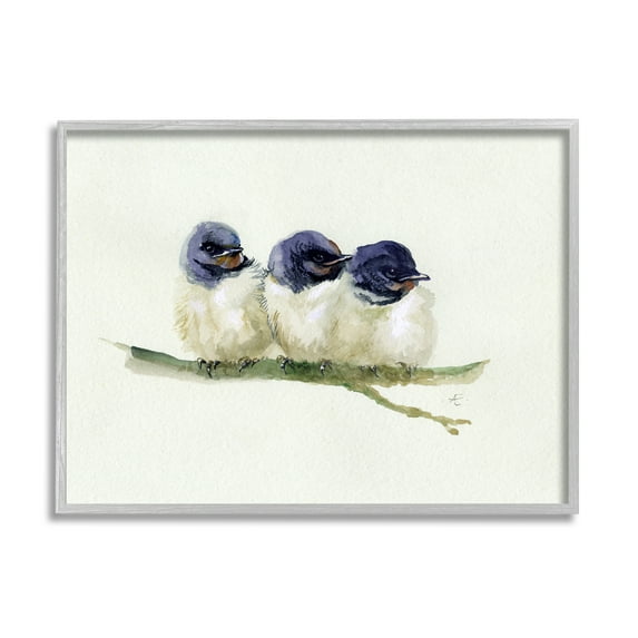 Stupell Industries Trio of Baby Swallows Birds Perched on Branch Animals & Insects Painting Gray Framed Art Print Wall Art, 24 x 30