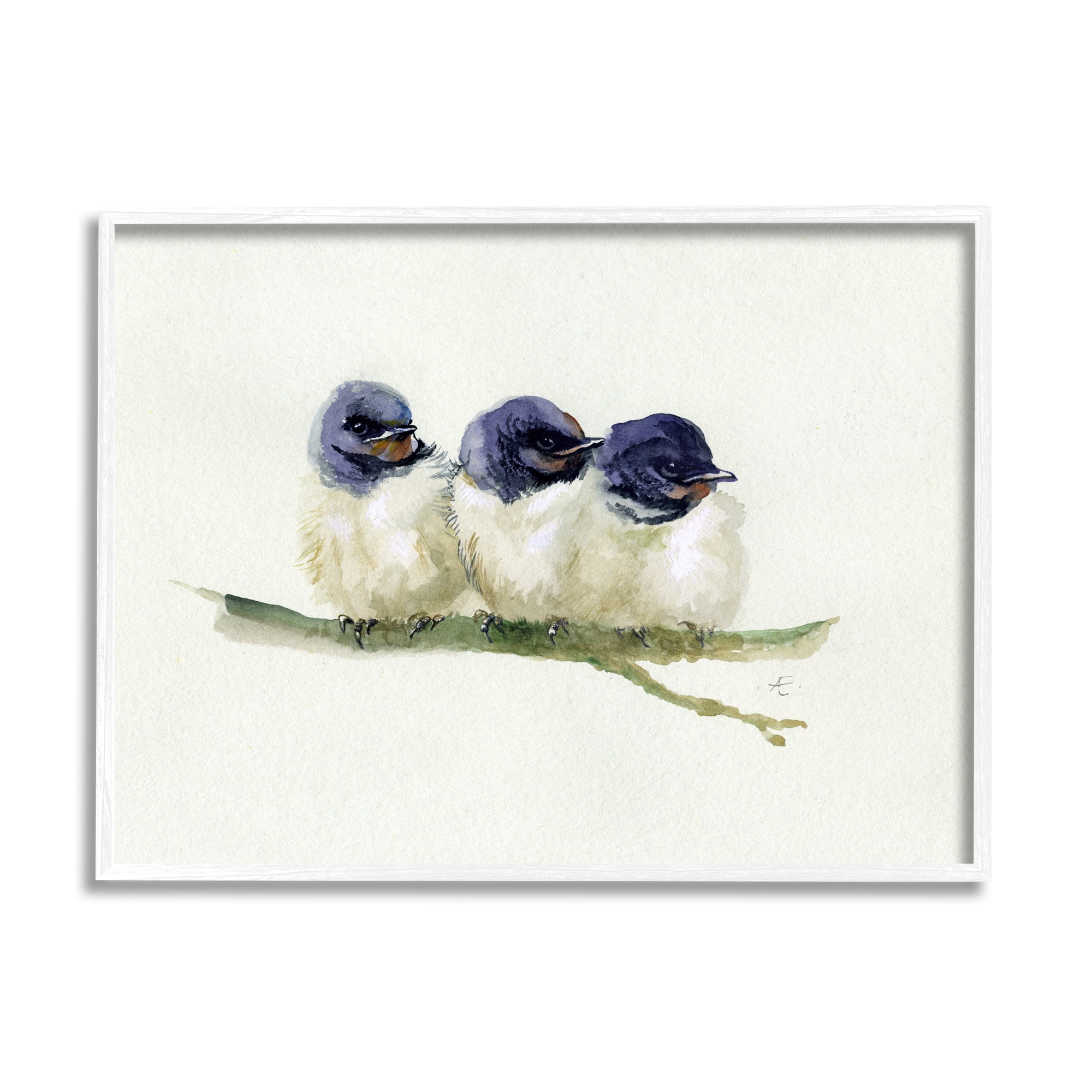 Stupell Industries Trio of Baby Swallows Birds Perched on Branch Animals & Insects Painting White Framed Art Print Wall Art, 11 x 14