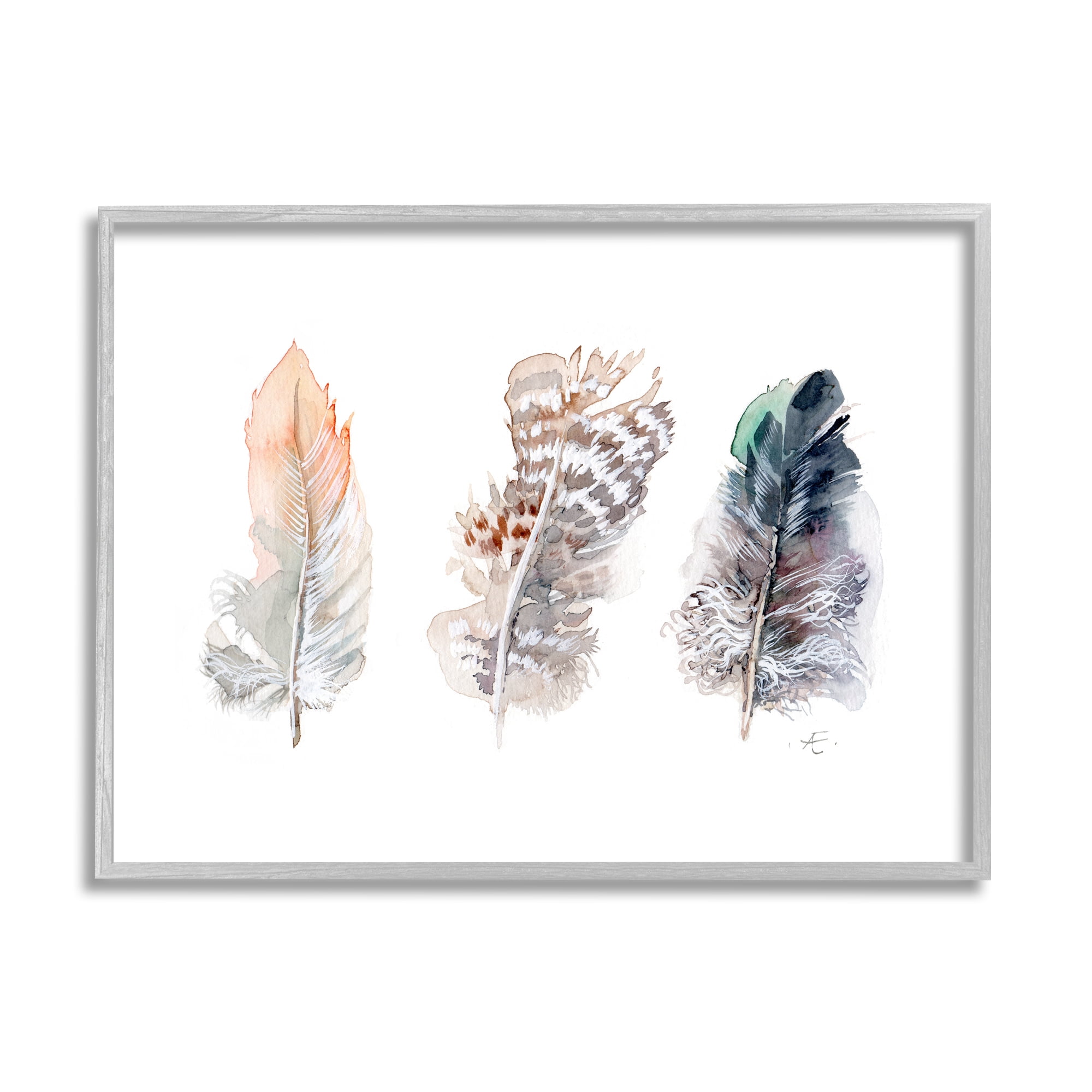 Stupell Industries Trio of Patterned Bird Feathers Animal Watercolor Animals & Insects Painting Gray Framed Art Print Wall Art, 24 x 30