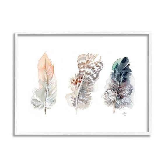 Stupell Industries Trio of Patterned Bird Feathers Animal Watercolor Animals & Insects Painting White Framed Art Print Wall Art, 24 x 30