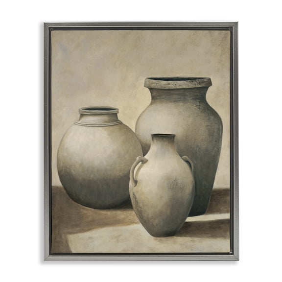 Stupell Industries Trio of Vases Still Life Cottage Painting Gray Floater Framed Canvas Art Print Wall Art, 17 x 21