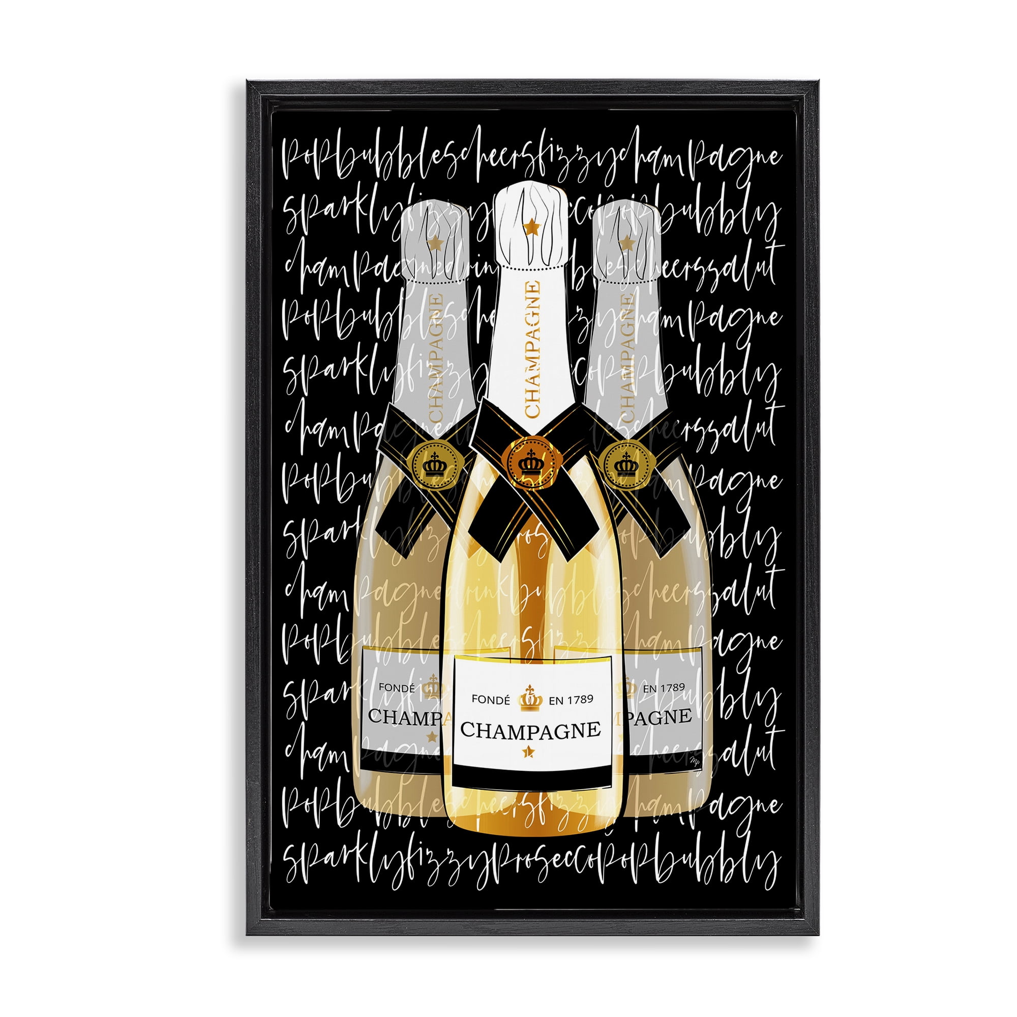 Stupell Industries Triple Champagne Bottle Love Black Framed Floater Canvas Wall Art, design by Martina Pavlova