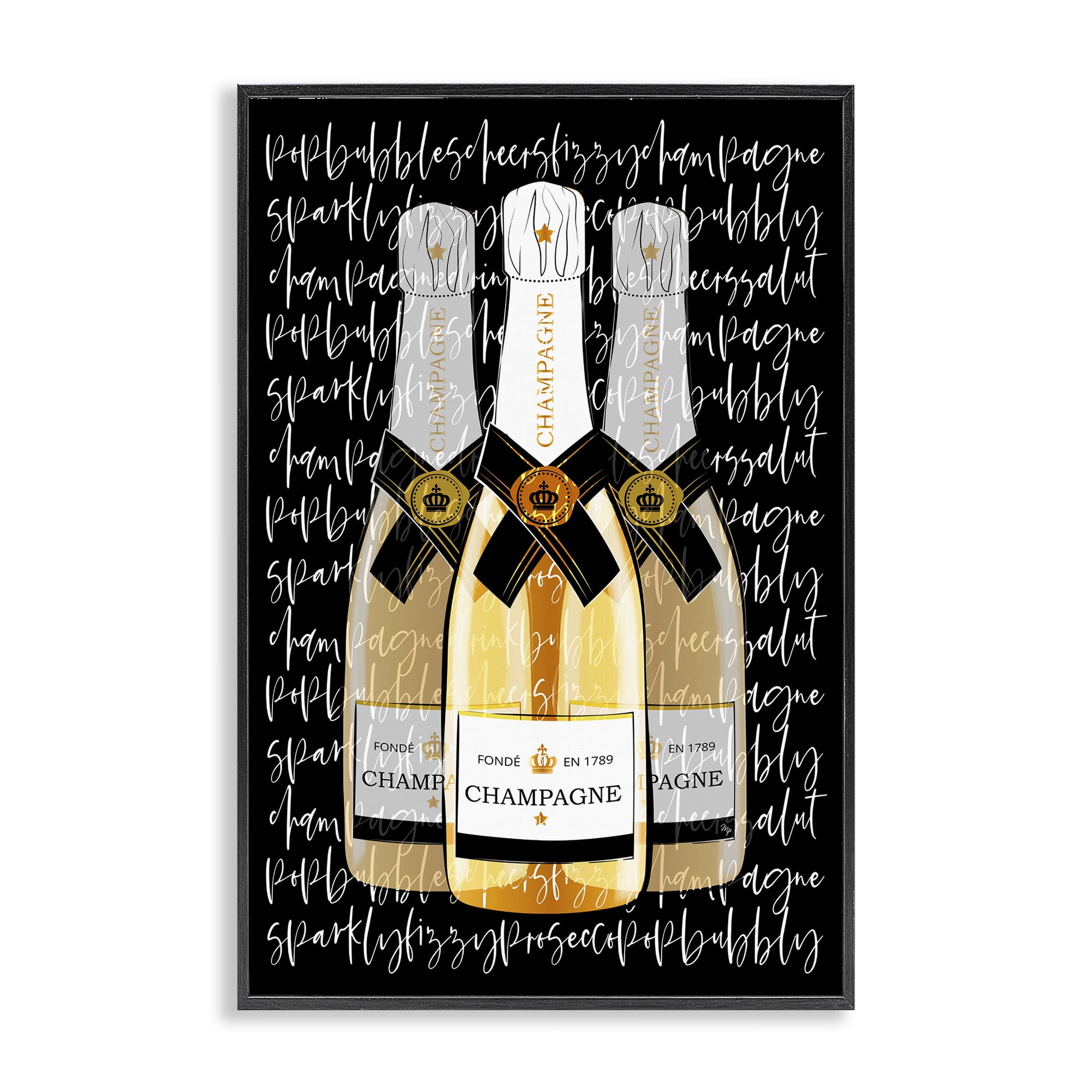 Stupell Industries Triple Champagne Bottle Love Black Framed Giclee Art, design by Martina Pavlova