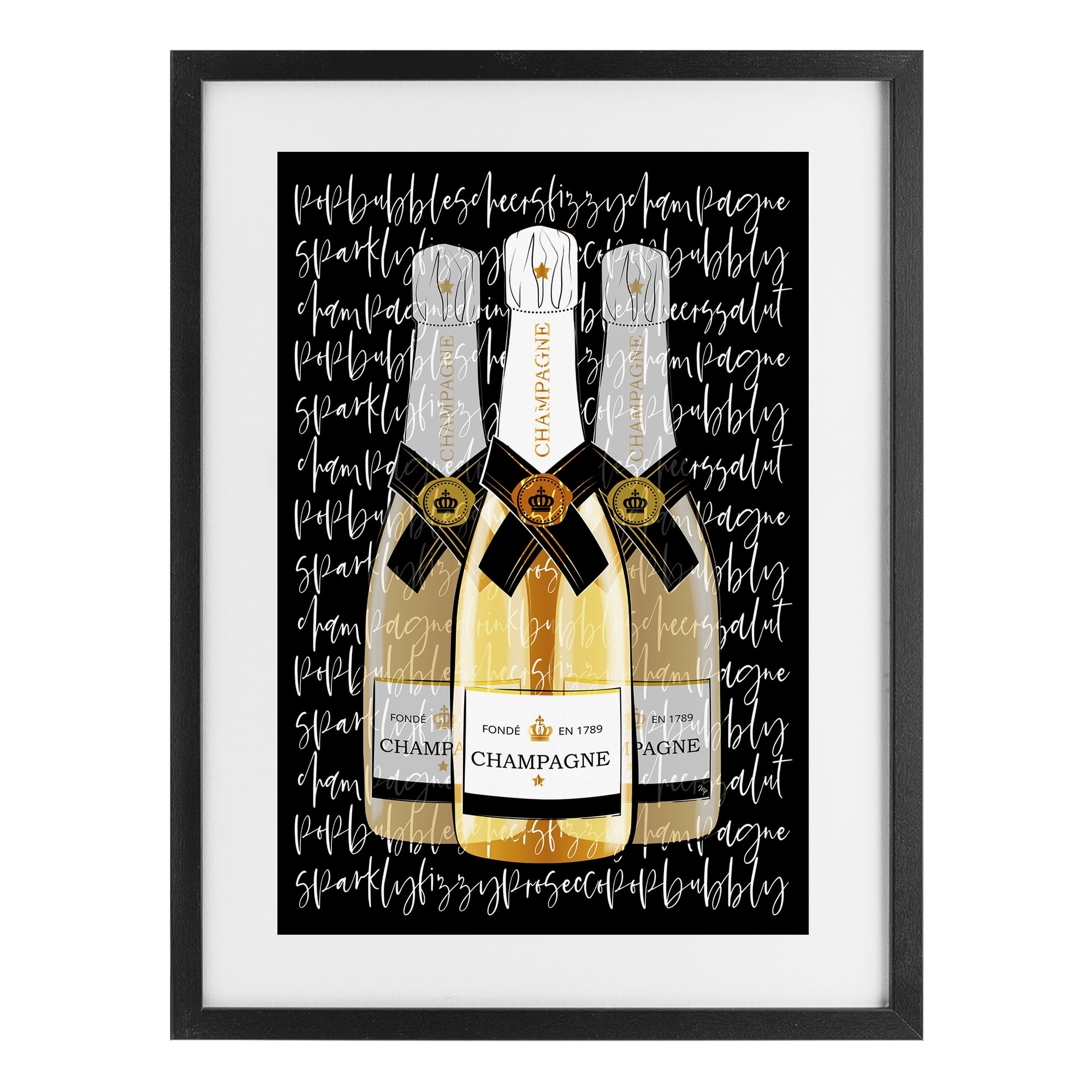Stupell Industries Triple Champagne Bottle Love Black Framed Print Under Glass, design by Martina Pavlova