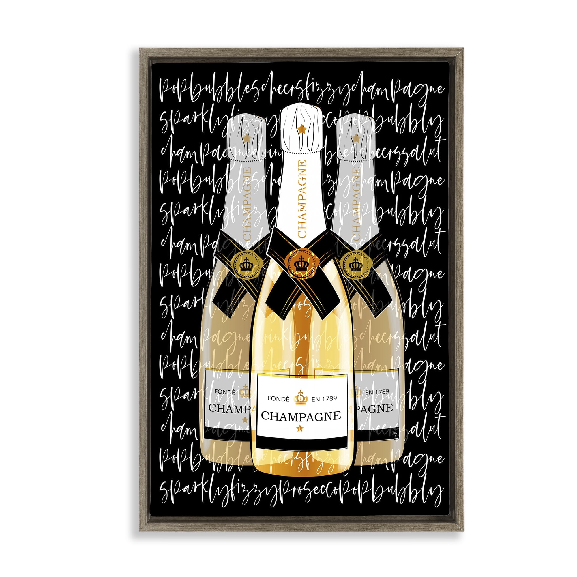 Stupell Industries Triple Champagne Bottle Love Brown Framed Floater Canvas Wall Art, design by Martina Pavlova