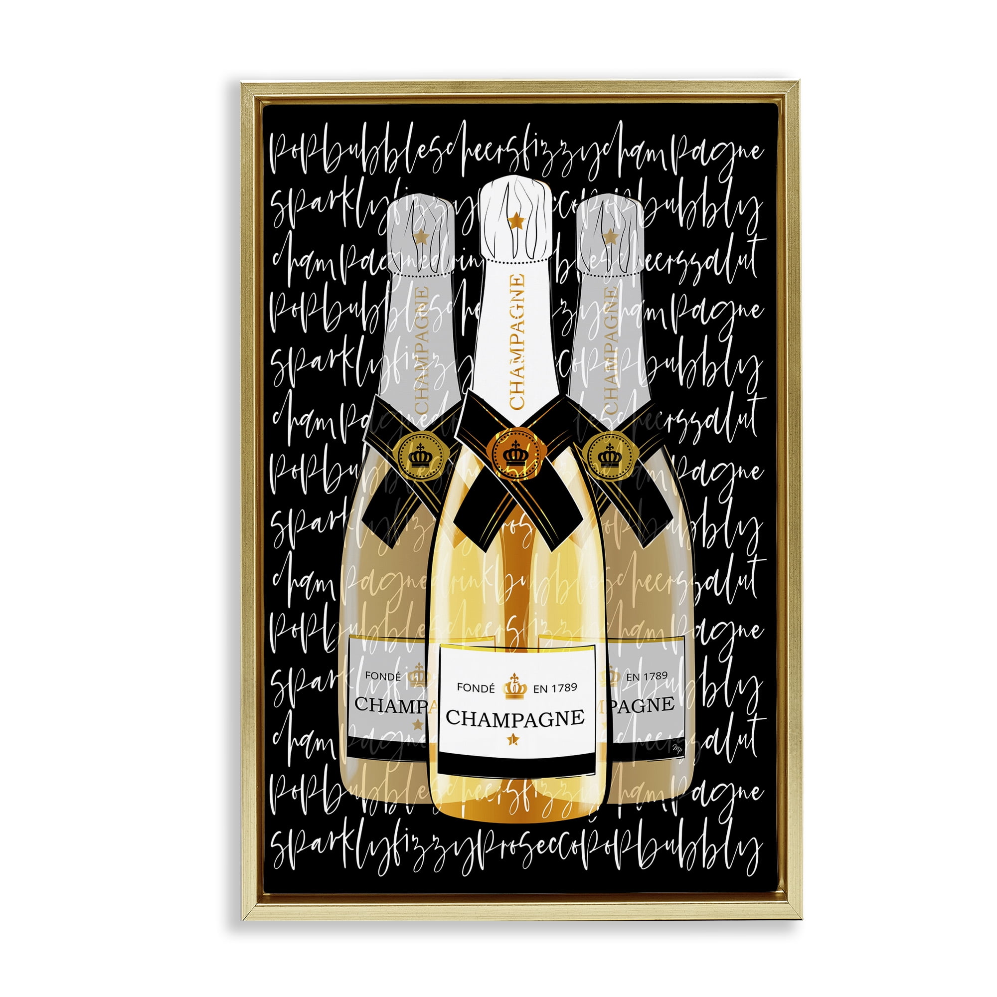Stupell Industries Triple Champagne Bottle Love Gold Framed Floater Canvas Wall Art, design by Martina Pavlova
