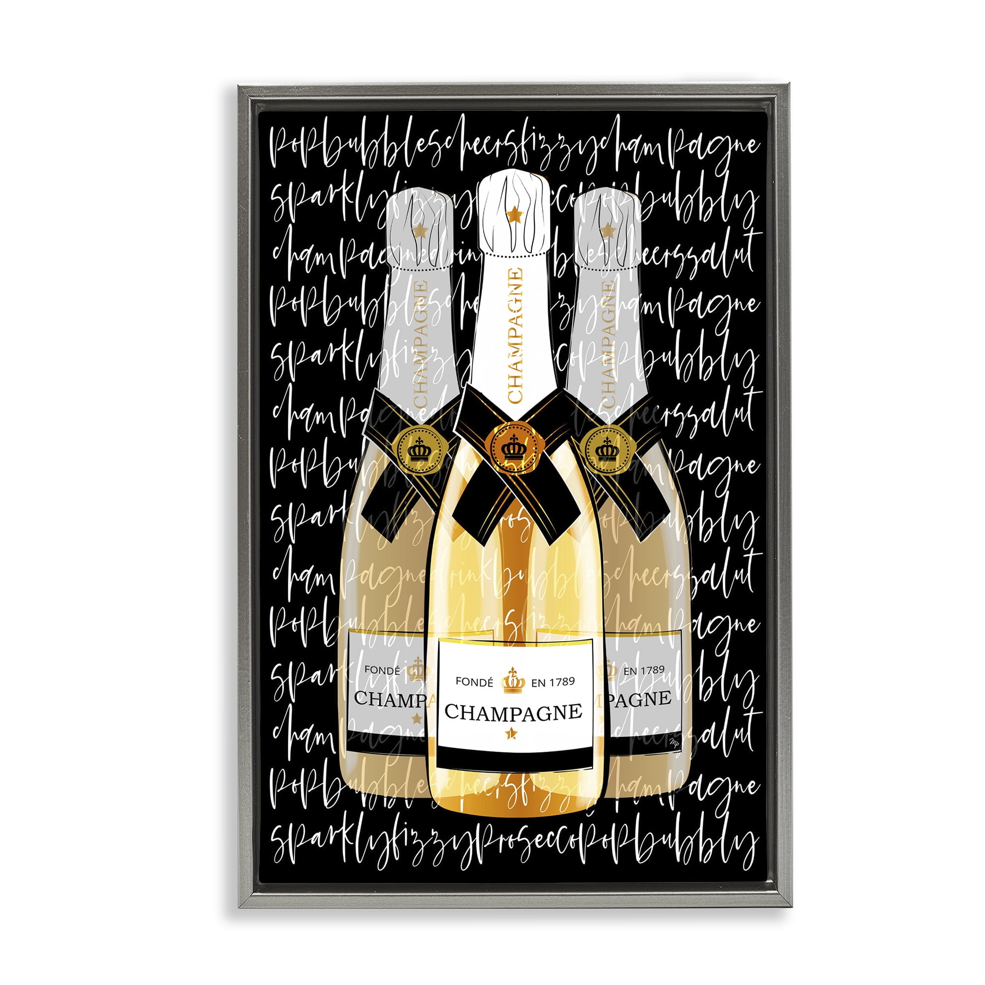 Stupell Industries Triple Champagne Bottle Love Gray Framed Floater Canvas Wall Art, design by Martina Pavlova