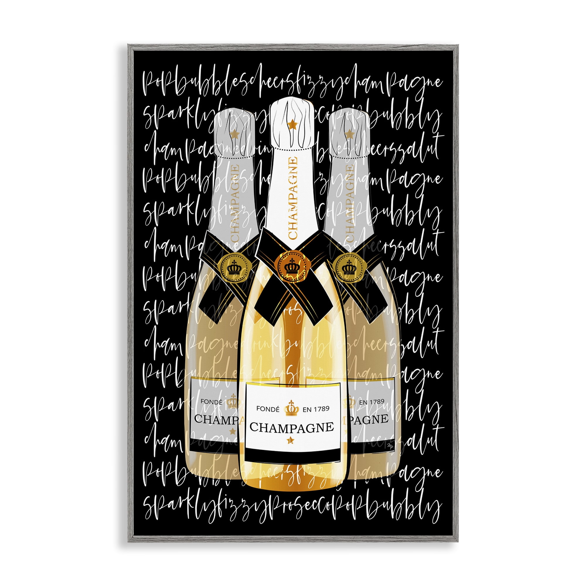 Stupell Industries Triple Champagne Bottle Love Gray Framed Giclee Art, design by Martina Pavlova