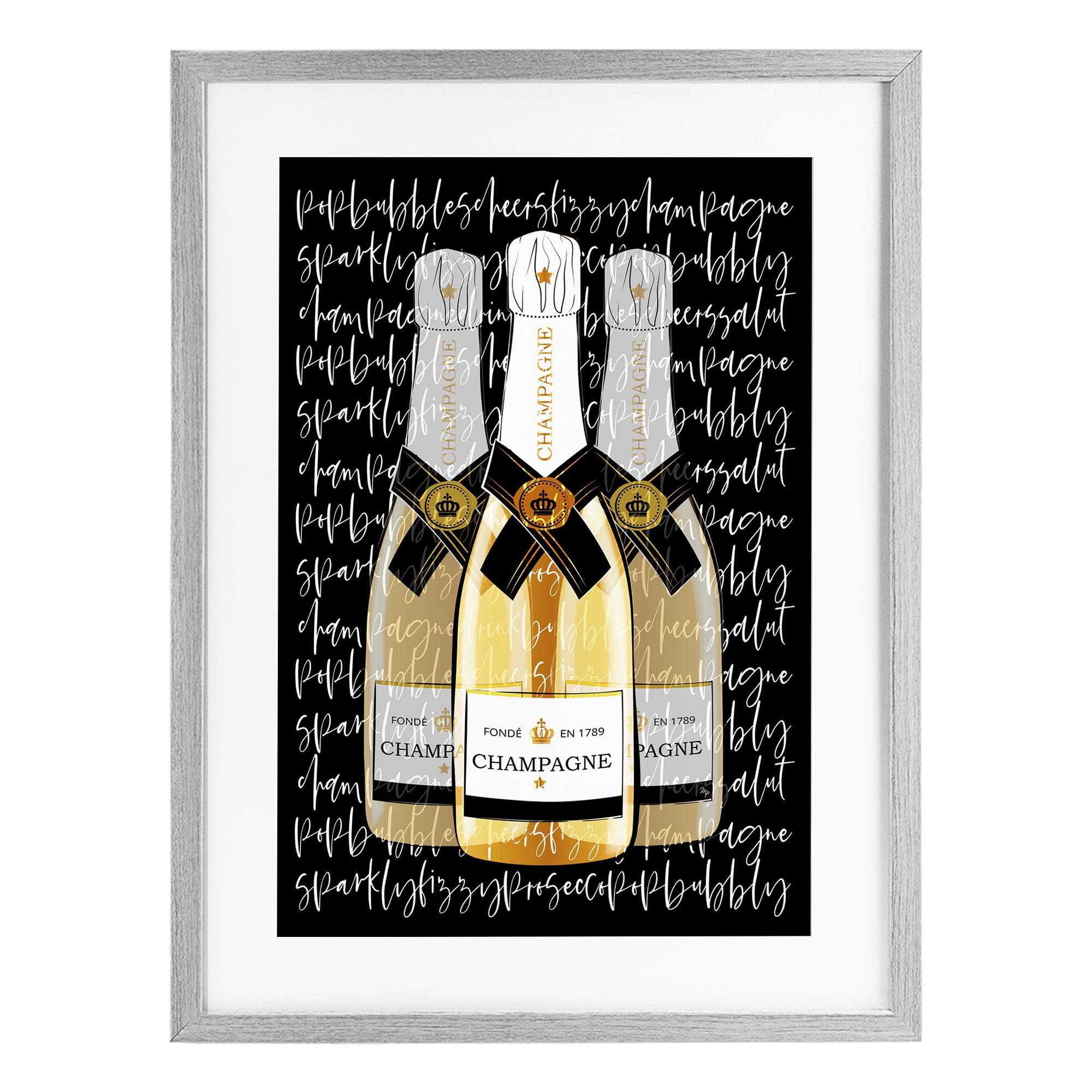 Stupell Industries Triple Champagne Bottle Love Gray Framed Print Under Glass, design by Martina Pavlova
