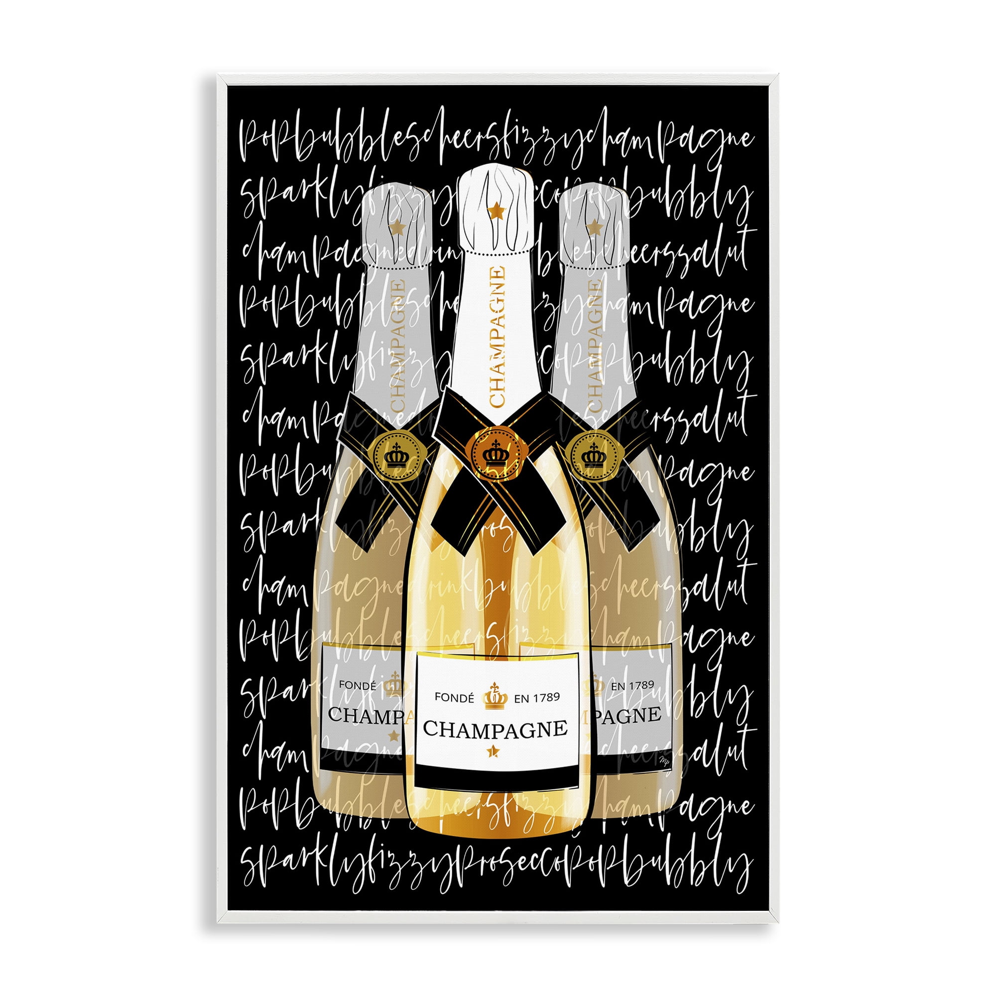 Stupell Industries Triple Champagne Bottle Love White Framed Giclee Art, design by Martina Pavlova