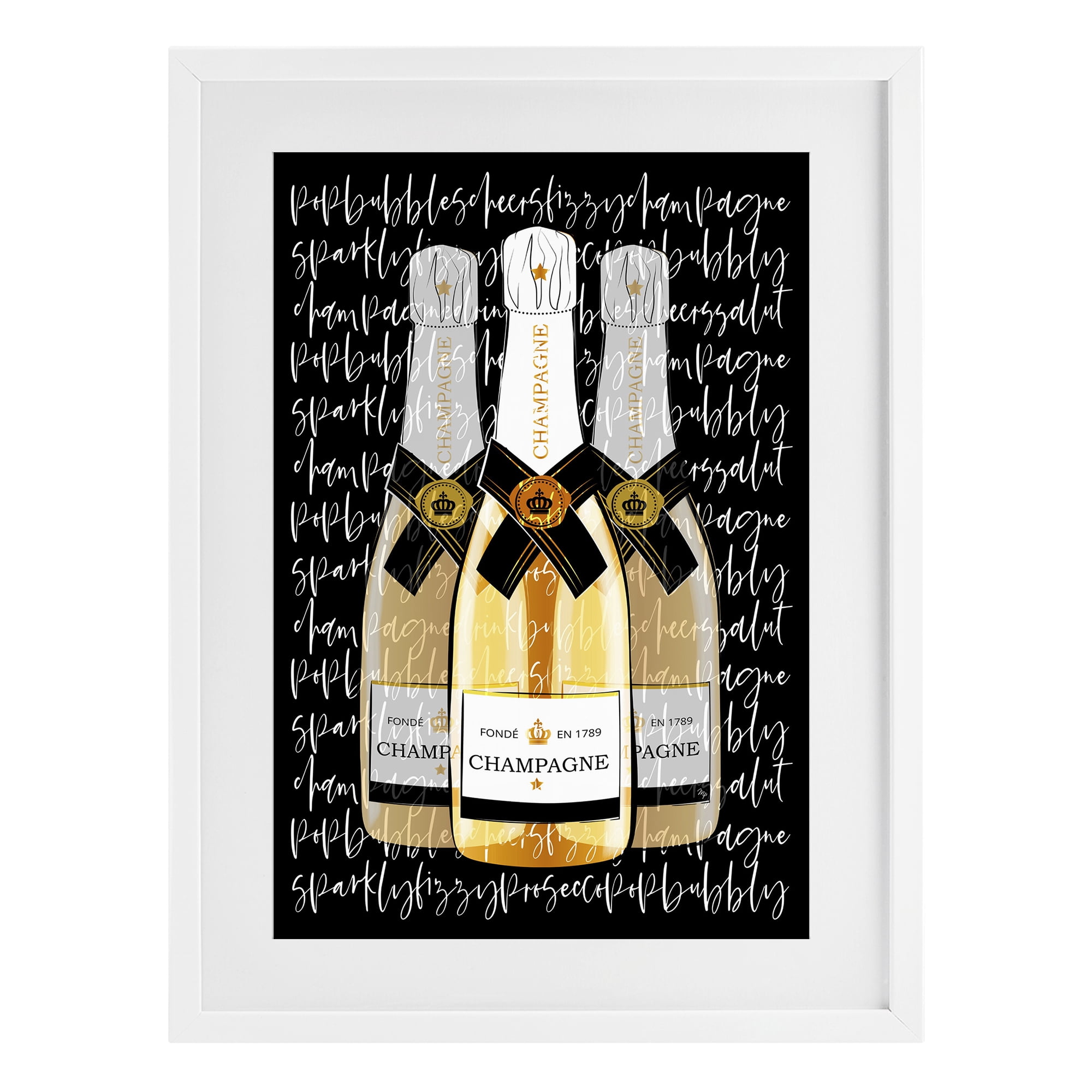 Stupell Industries Triple Champagne Bottle Love White Framed Print Under Glass, design by Martina Pavlova
