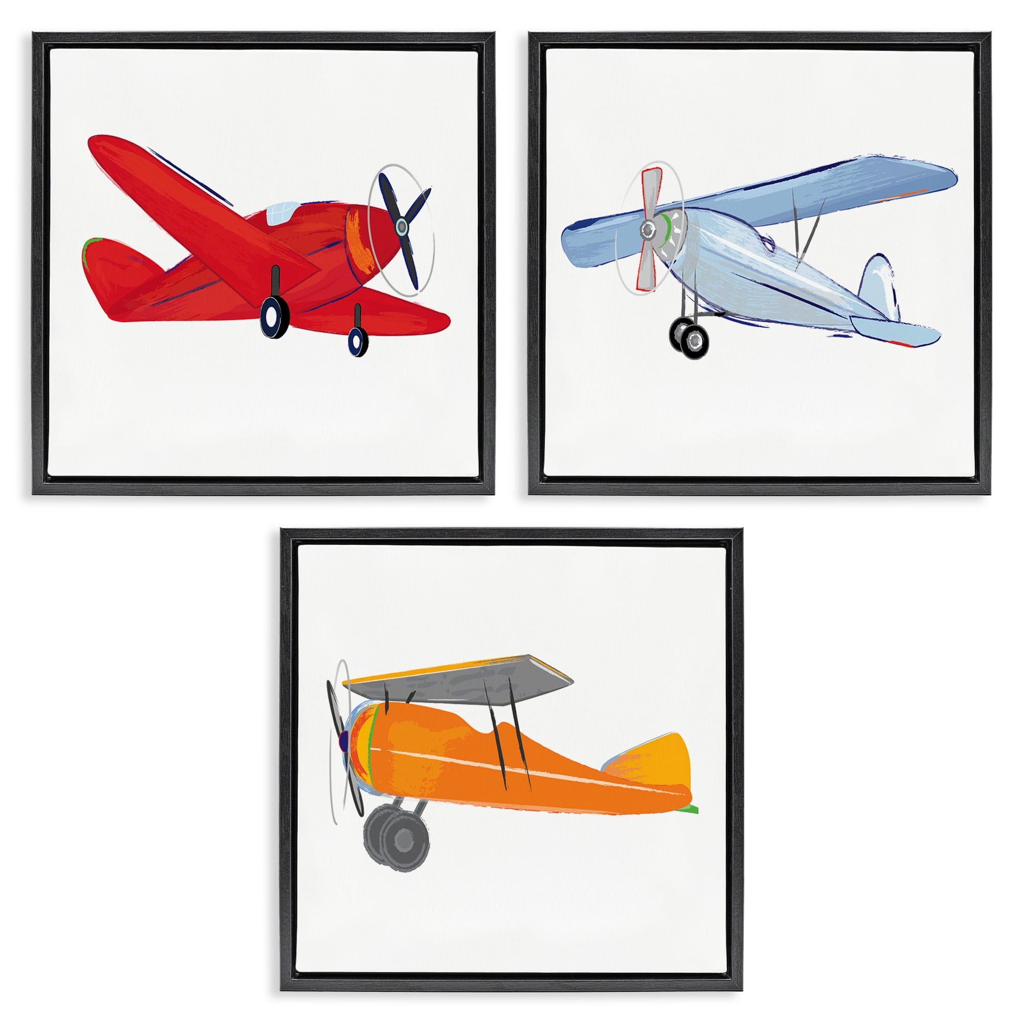 Stupell Industries Triple Colorful Airplanes Drawing Art for Kids Painting Black Floater Framed Canvas Art Print Wall Art, 18 x 18, Set of 3