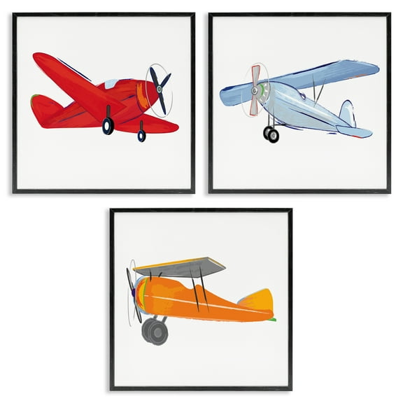 Stupell Industries Triple Colorful Airplanes Drawing Art for Kids Painting Black Framed Art Print Wall Art, 12 x 12, Set of 3