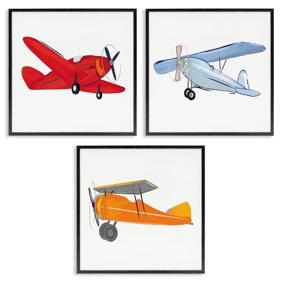 Stupell Industries Triple Colorful Airplanes Drawing Art for Kids Painting Black Framed Art Print Wall Art, 17 x 17, Set of 3