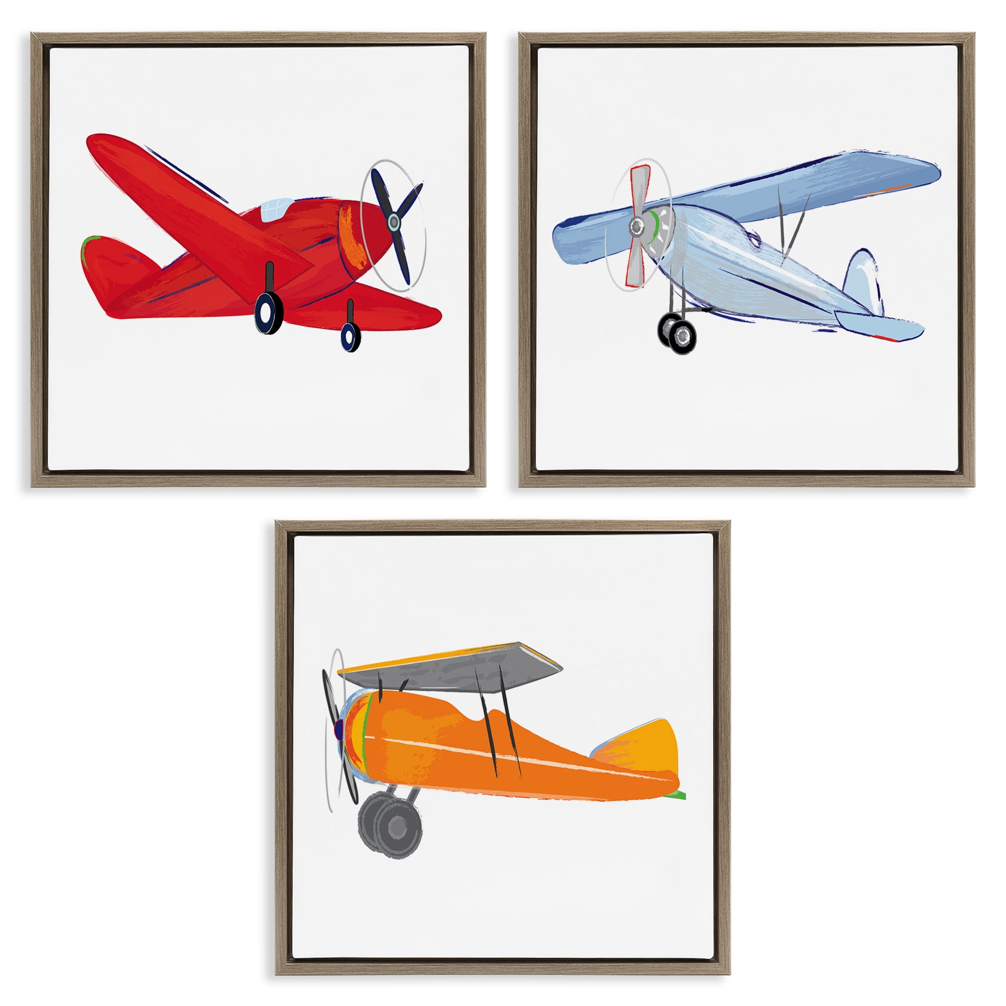 Stupell Industries Triple Colorful Airplanes Drawing Art for Kids Painting Brown Floater Framed Canvas Art Print Wall Art, 18 x 18, Set of 3