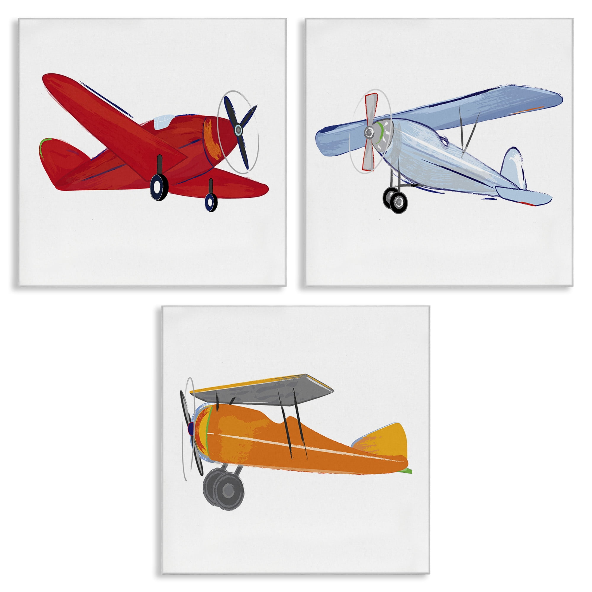Stupell Industries Triple Colorful Airplanes Drawing Art for Kids Painting Gallery Wrapped Canvas Art Print Wall Art, 17 x 17, Set of 3