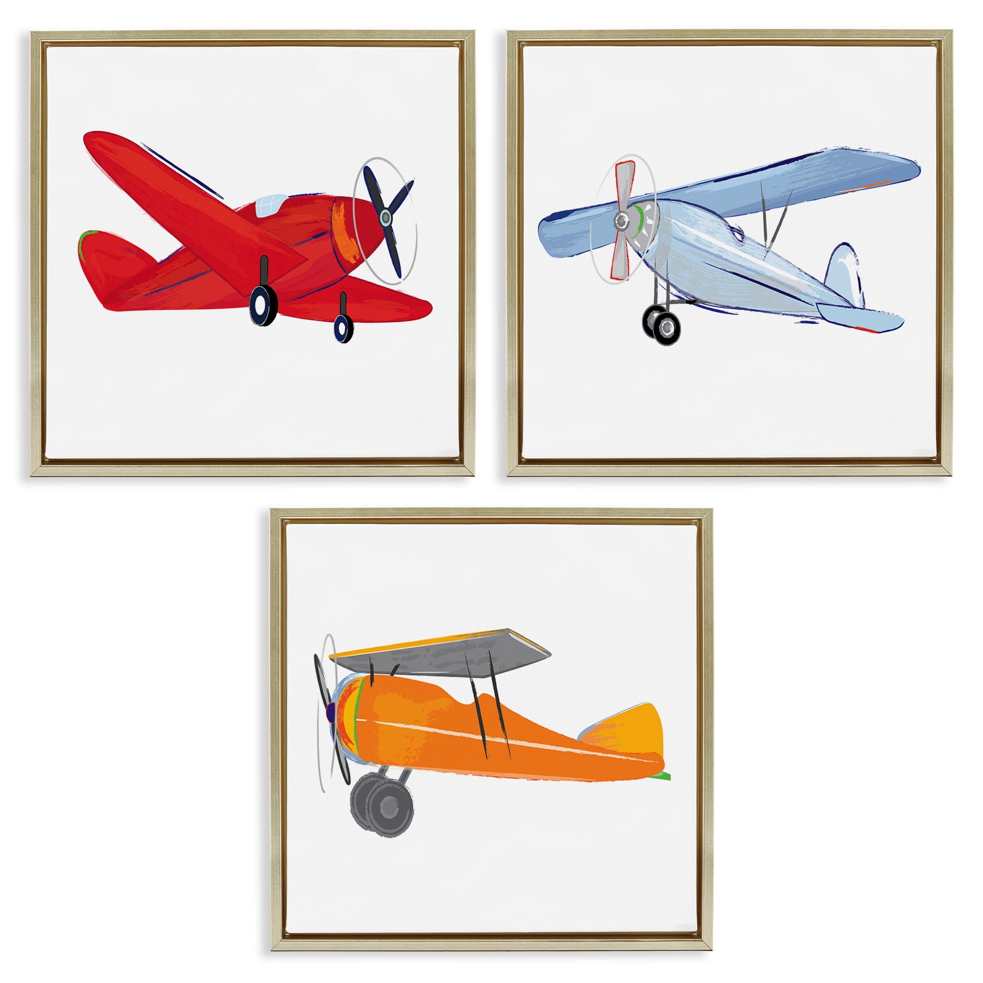 Stupell Industries Triple Colorful Airplanes Drawing Art for Kids Painting Gold Floater Framed Canvas Art Print Wall Art, 18 x 18, Set of 3